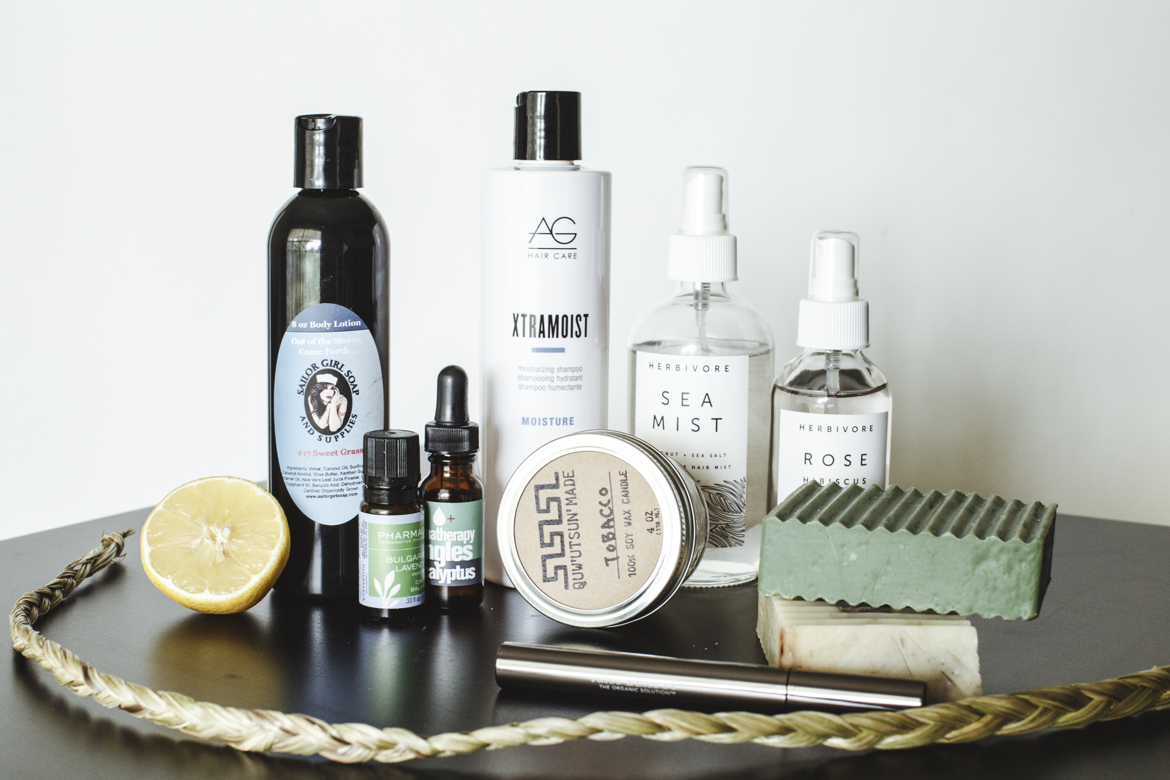 Some of my favorite all-natural or mostly-natural beauty products including two Native-owned lines: "Sailor Girl Soap and Supplies" and "Quw’utsun Made." Photo by Thosh Collins. 