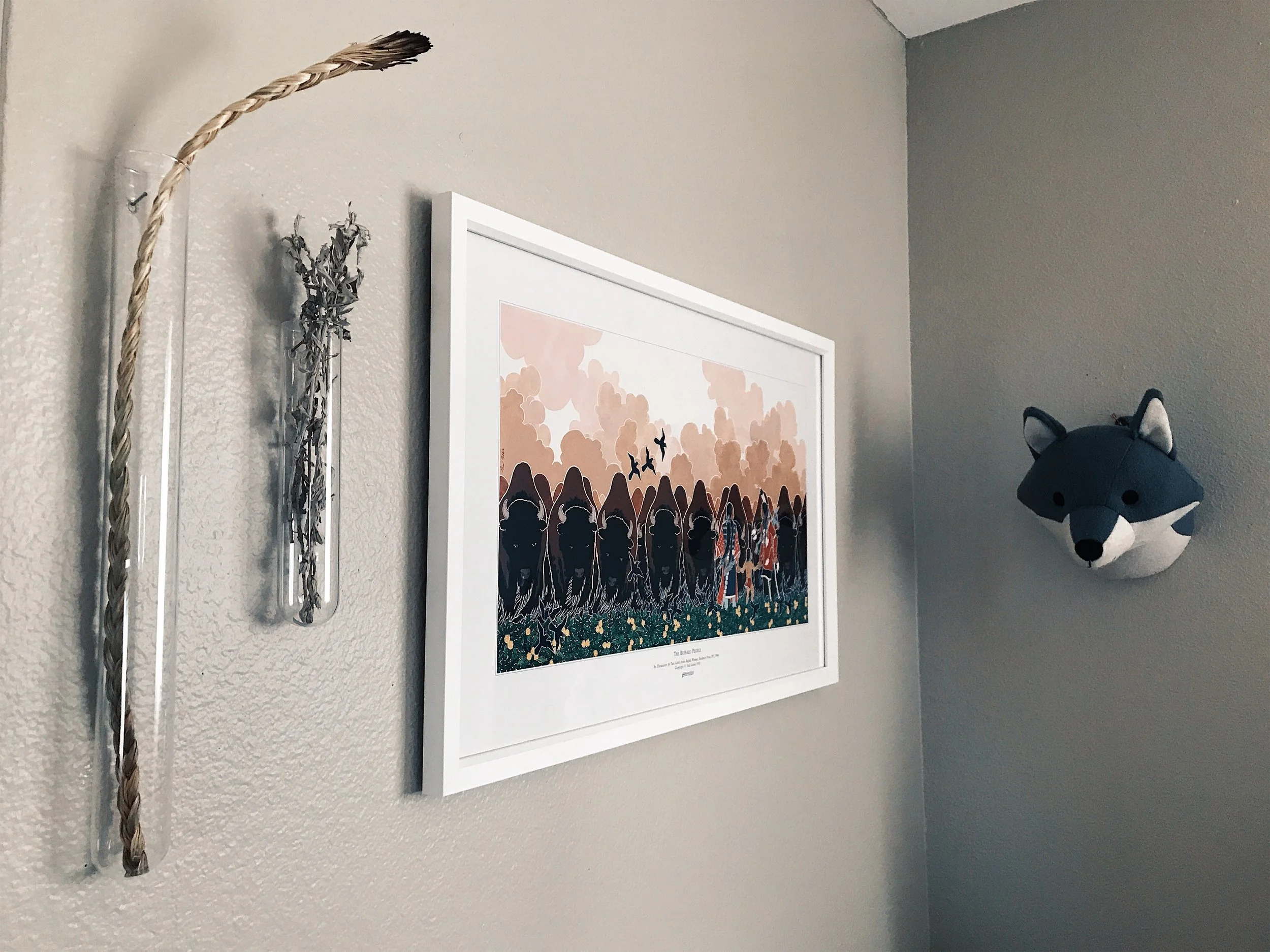 Medicines, an art print, and a cute little wolf to surround her corner.