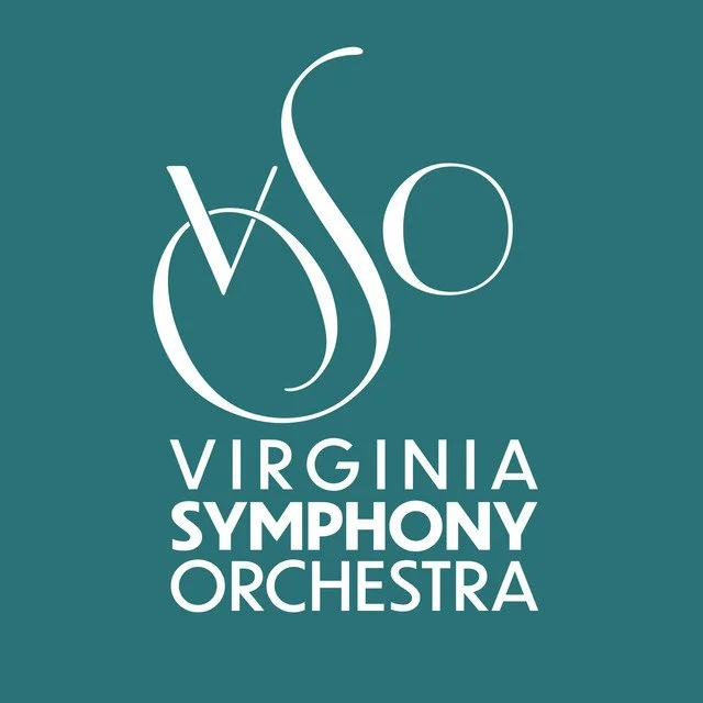 Virginia Symphony Orchestra logo in white on teal background.