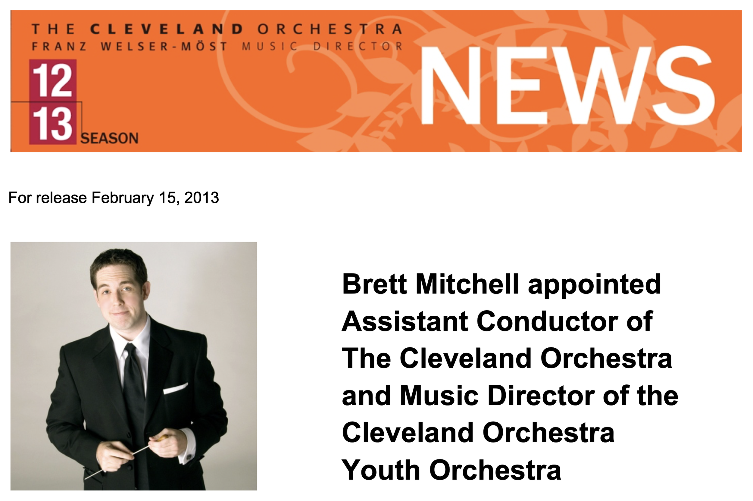 Brett Mitchell appointed Assistant Conductor of The Cleveland Orchestra