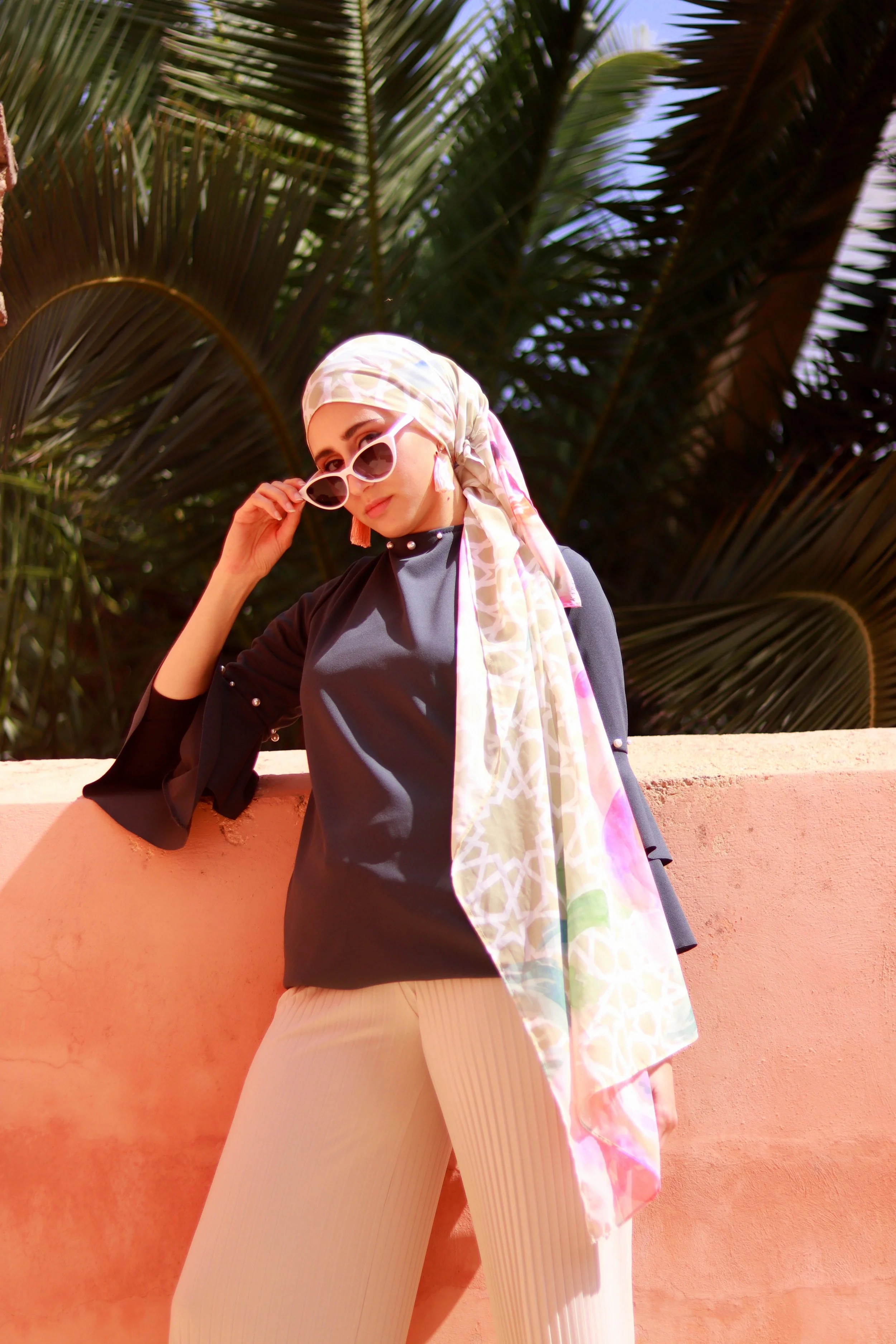 how to style scarf outifit  karama by hoda arabesque scarf, moroccan scarf, arabesque lifestyle, boho chic boho outfit, geometric scarf mosaic scarf moroccan decor morocco decor nyc, side style scarf