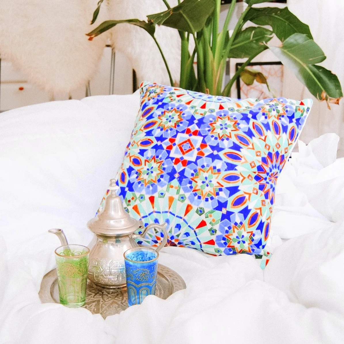 Moroccan Blue Tiles Zellige Casablanca Throw Pillow Cushion Cover- Karama by Hoda 