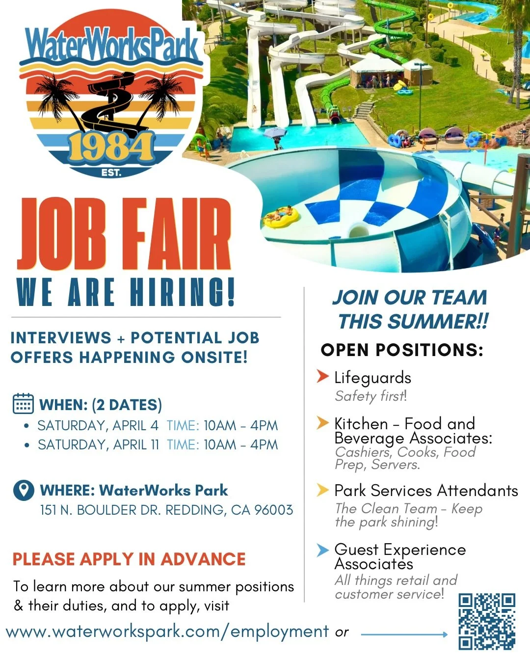 It's that time of year again! We're gearing up to hire and organize our incredible summer staff.

Each year, we bring on board over 150+ seasonal staff to work with us, and this year is no exception!

Join us for our Job Fair on location at WaterWork