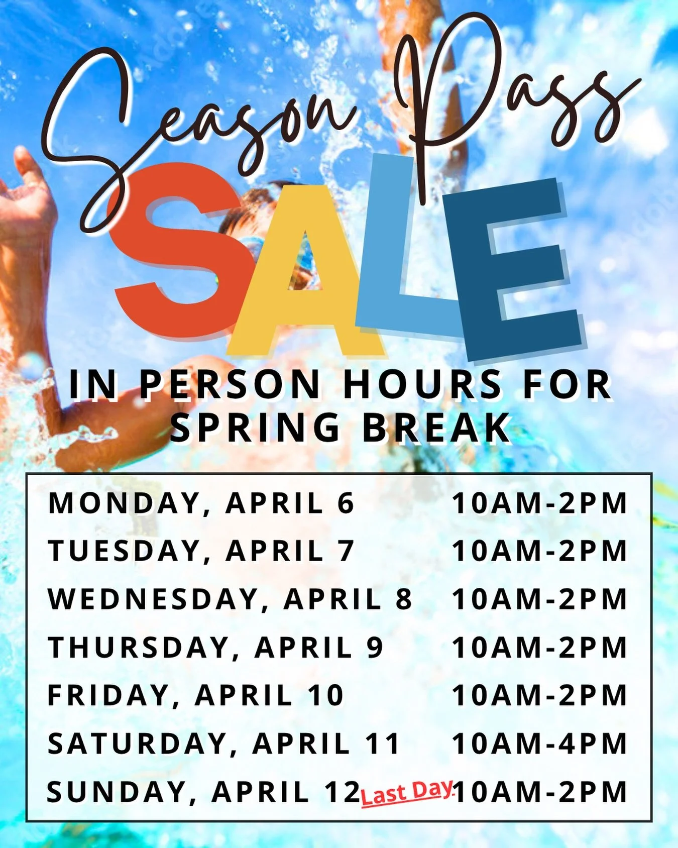 ☀️ 🌊 LAST CHANCE! Season Pass Sale ends April 12th! 🚨

Next week only: Our ticket window is OPEN during spring break for in-person purchases! Skip the lines, chat with our team, and walk away with your pass in hand! 

Get your 2026 Season Pass for 