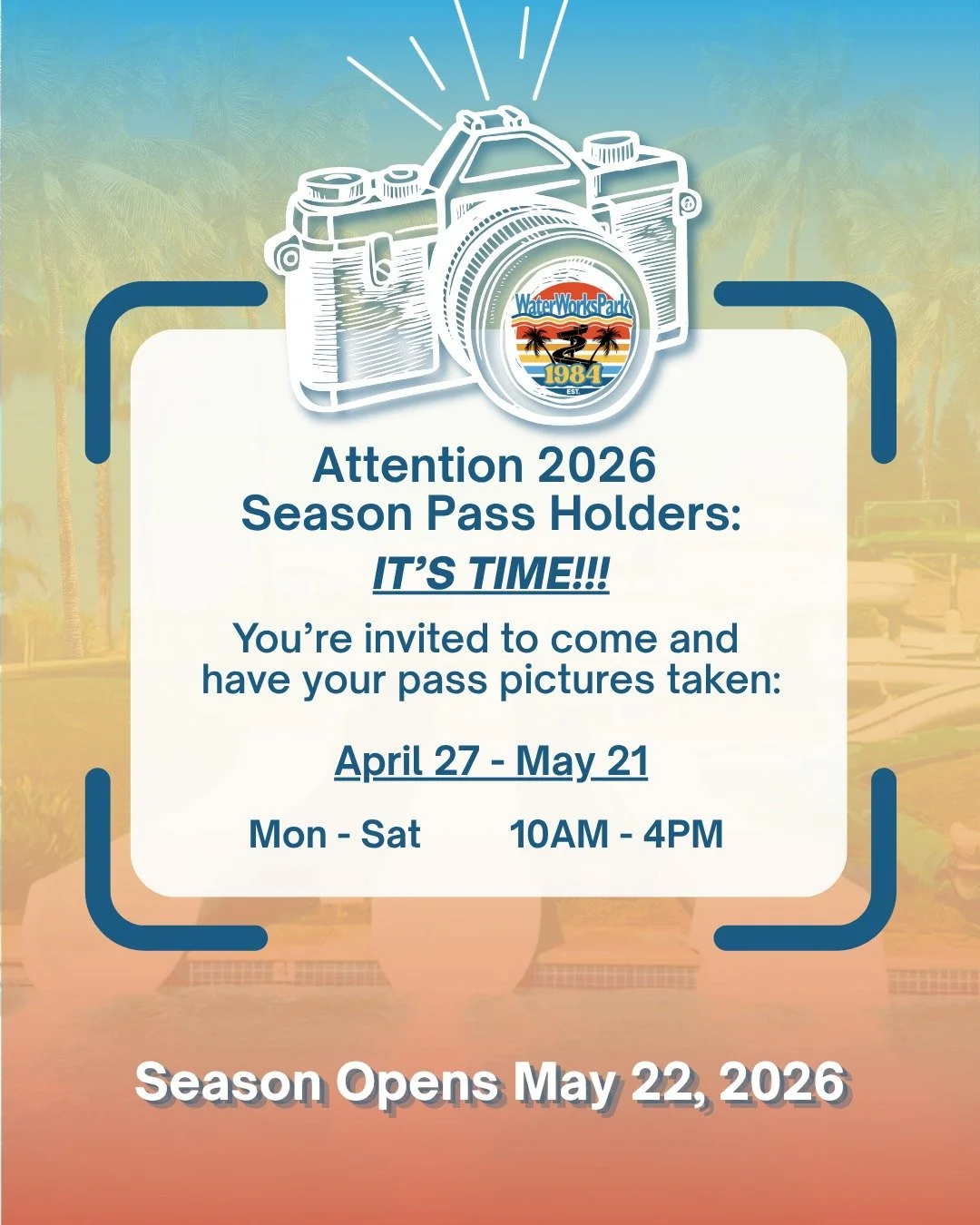 Beat the lines! 💥Season Pass holders: Come get your photo taken and pass cards issued BEFORE May 22 and sail through the gates on Opening Day. Why wait in line when you could be sliding?

#waterworkspark #reddingca #waterslides