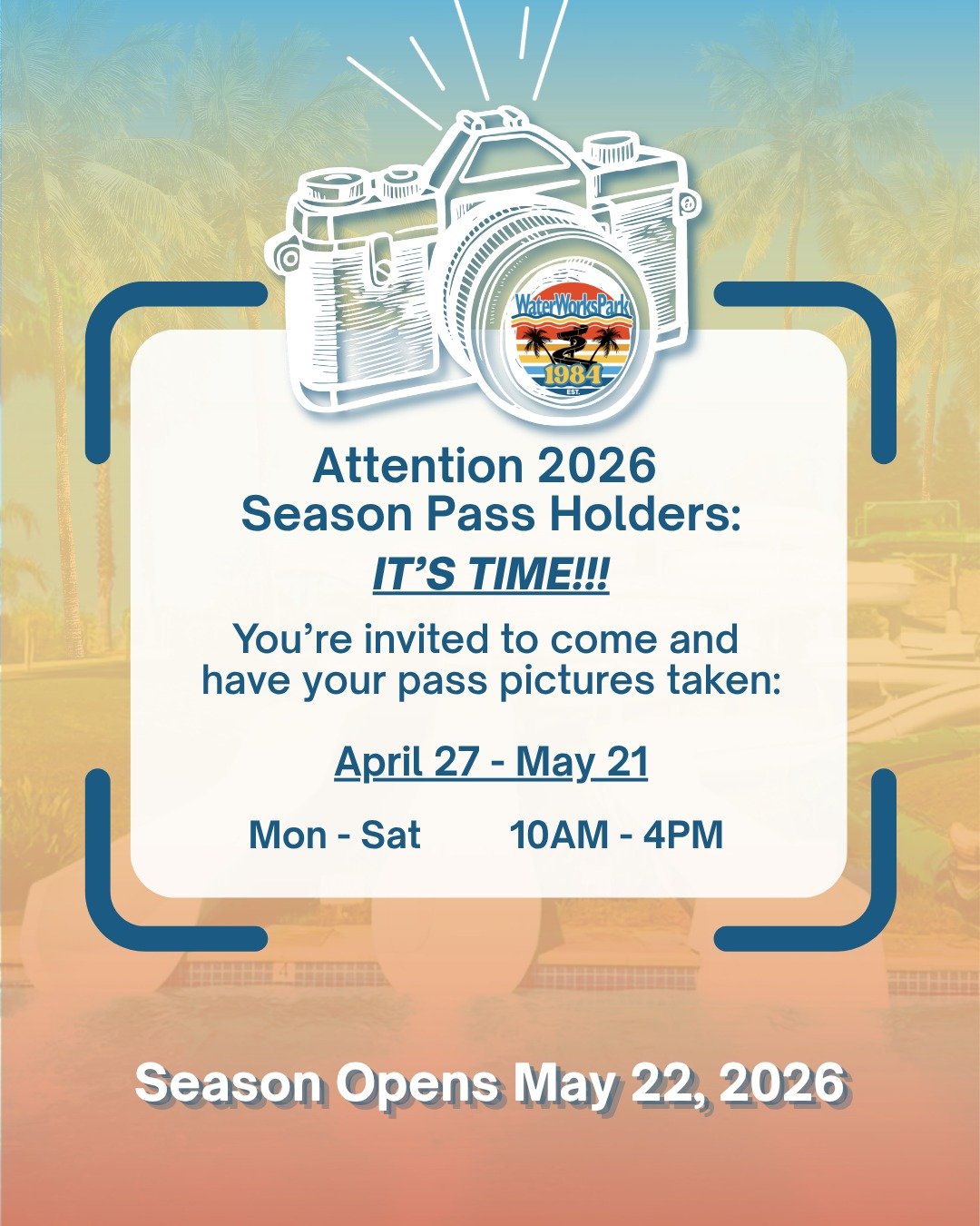 "📸 Season Pass Photo Days are HERE! 

Skip the lines when we open by getting your 2026 season pass photo taken in advance! All season pass holders are invited:

📅 April 27 - May 21
🕙 Monday - Saturday, 10am - 4pm
🎫 Leave with your new card i