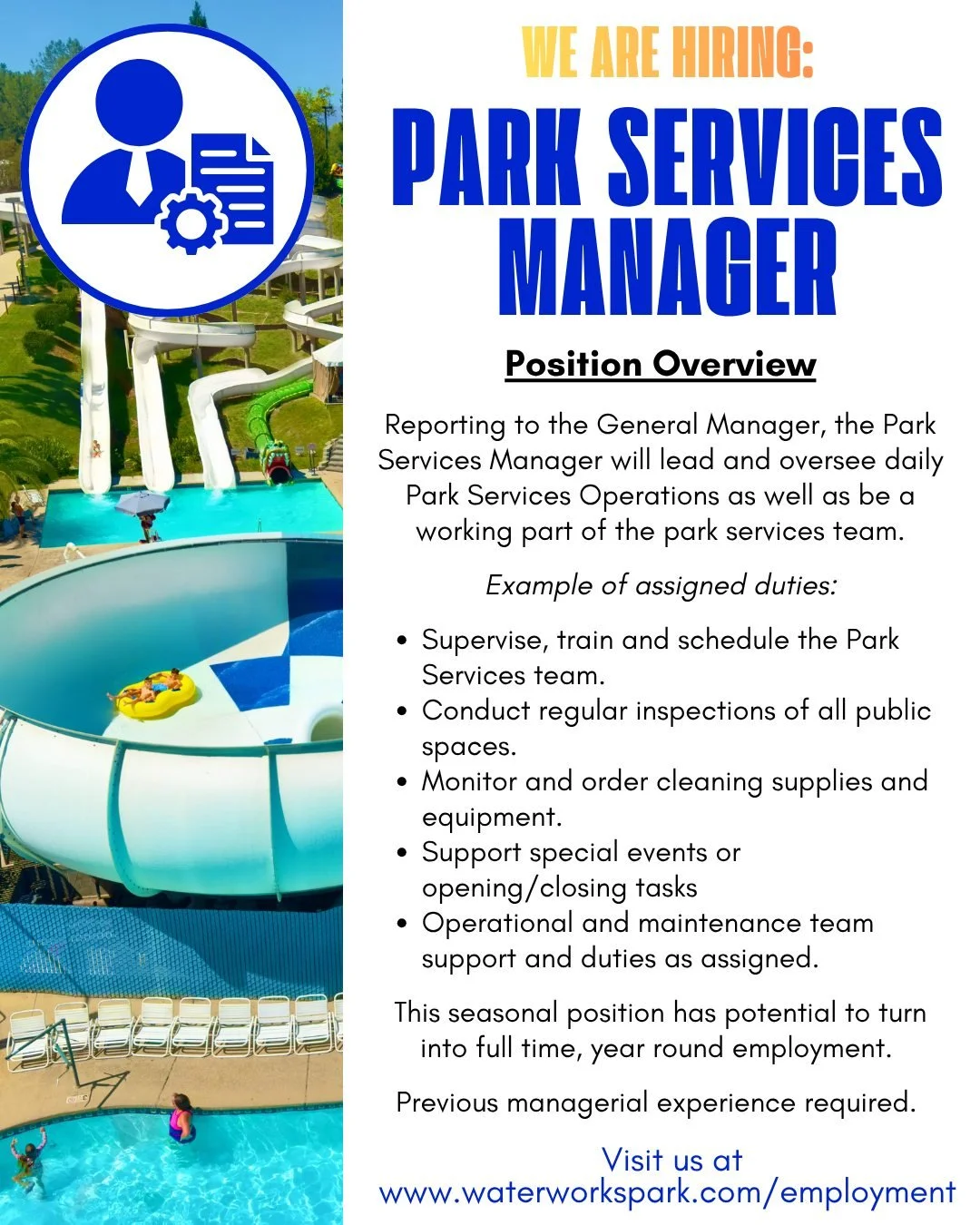 We're looking for one more superstar to join our team! 💫

Reporting to the General Manager, the Park Services Manager will lead and oversee daily Park Services operations as well as be a working part of the park services team. 

Responsibilities inc