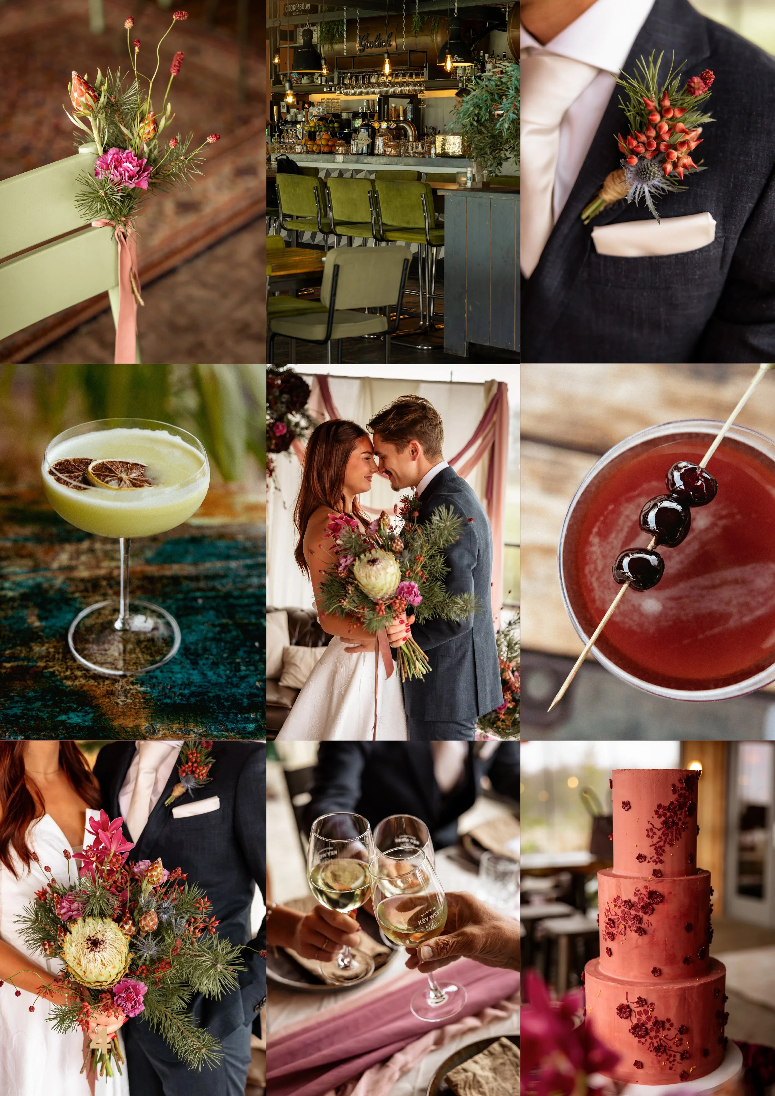 Collage van foto's van een bruiloft, inclusief bloemen, een huwelijkskoppel, cocktails, glazen wijn, een taart en een elegante bruidegom en bruid.