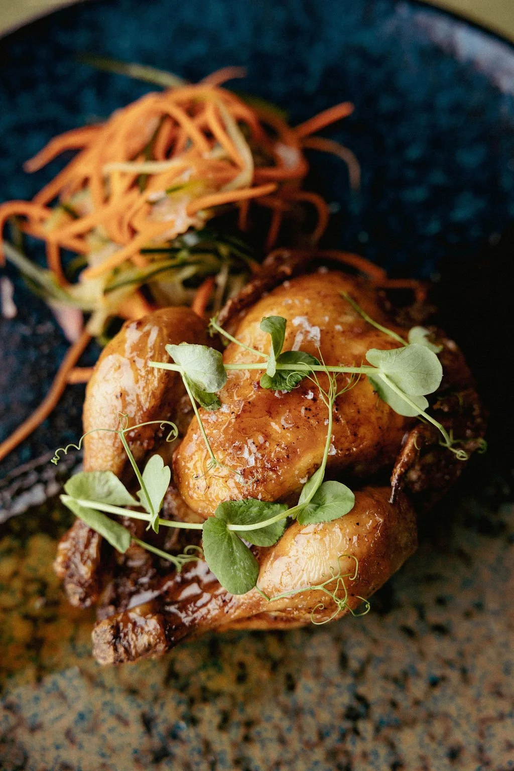 Geroosterde kip met verse kruiden en zout, geserveerd met een salade van julienne groenten.