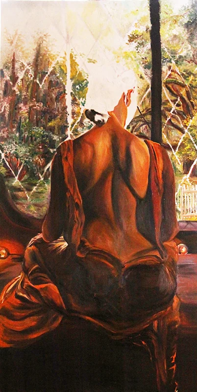 This painting is part of an artist residency experience at the Lichgate on High Road. It is to be finished at my return to Tallahassee for the conclusion of the "Rain the Blessings Down" crystal installation which hangs from the rafters of the historic cottage. 
