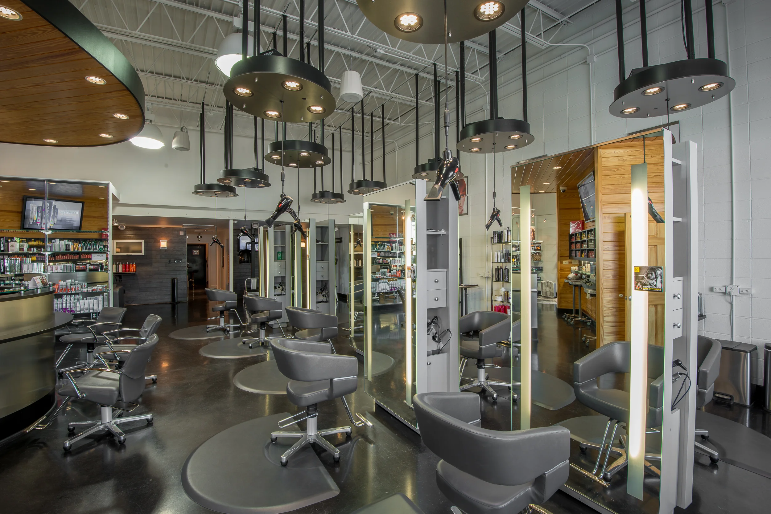 The Salon Rubicon  Houma, LA - Stylists' StationsJBL pendants provide the overhead sound.