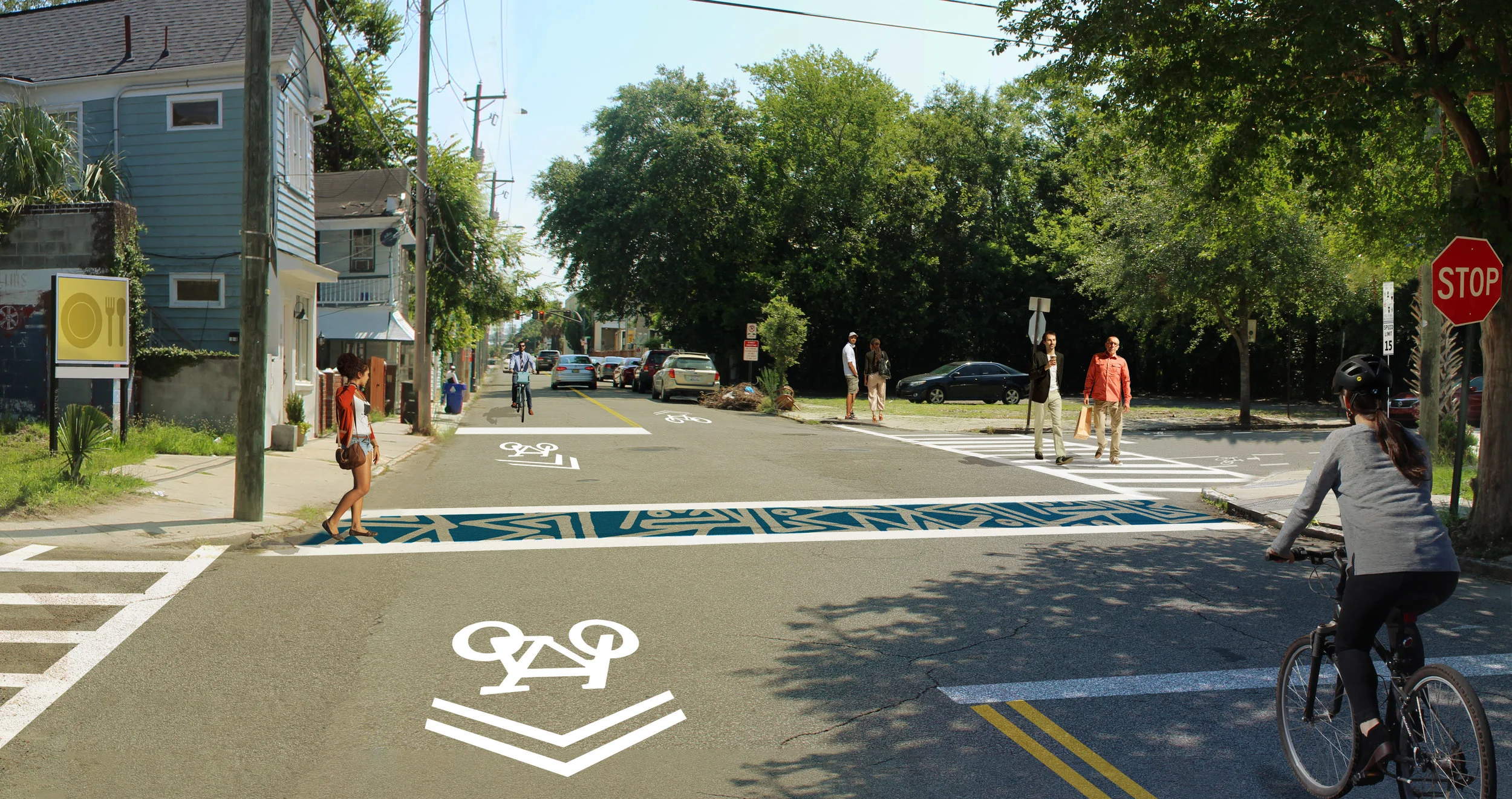 Perspective rendering of Line Street looking towards King Street. This shows sharrows, a painted crosswalk, and new stop bars.