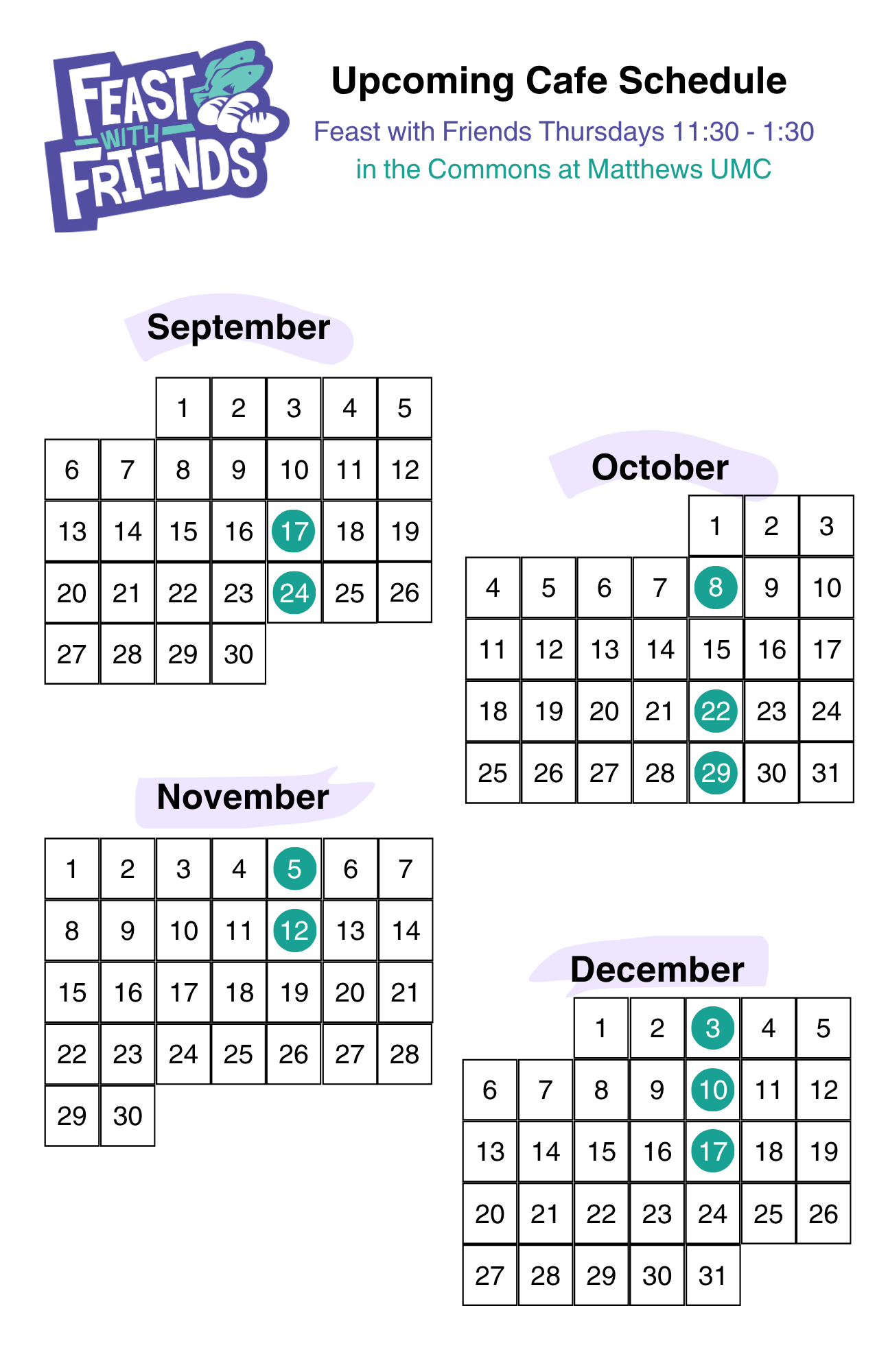 Feast Calendar showing open dates on 9/17, 9/24, 10/8, 10/22, 10/29, 11/5, 11/12, 12/3, 12/10, and 12/17.