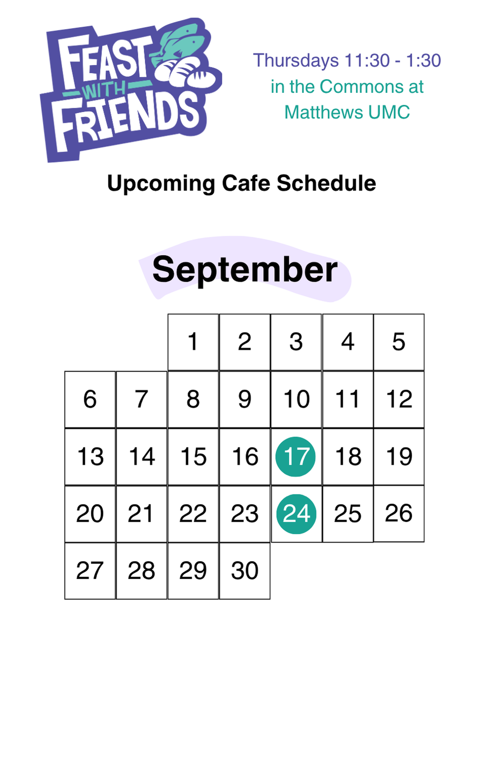 september calendar showing cafe open on september 17th and 24th