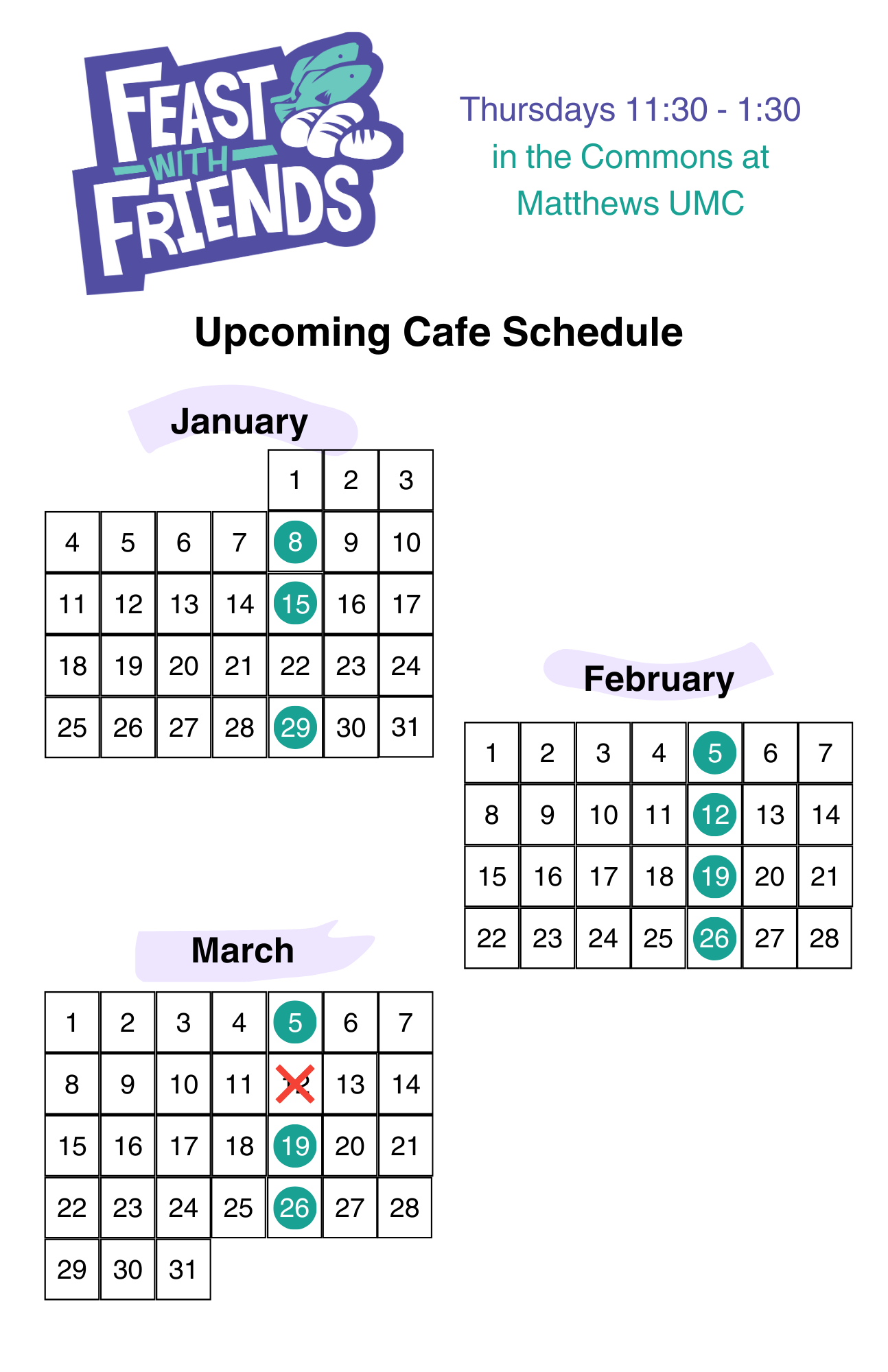 Feast schedule showing upcoming dates, excluding March 12th.