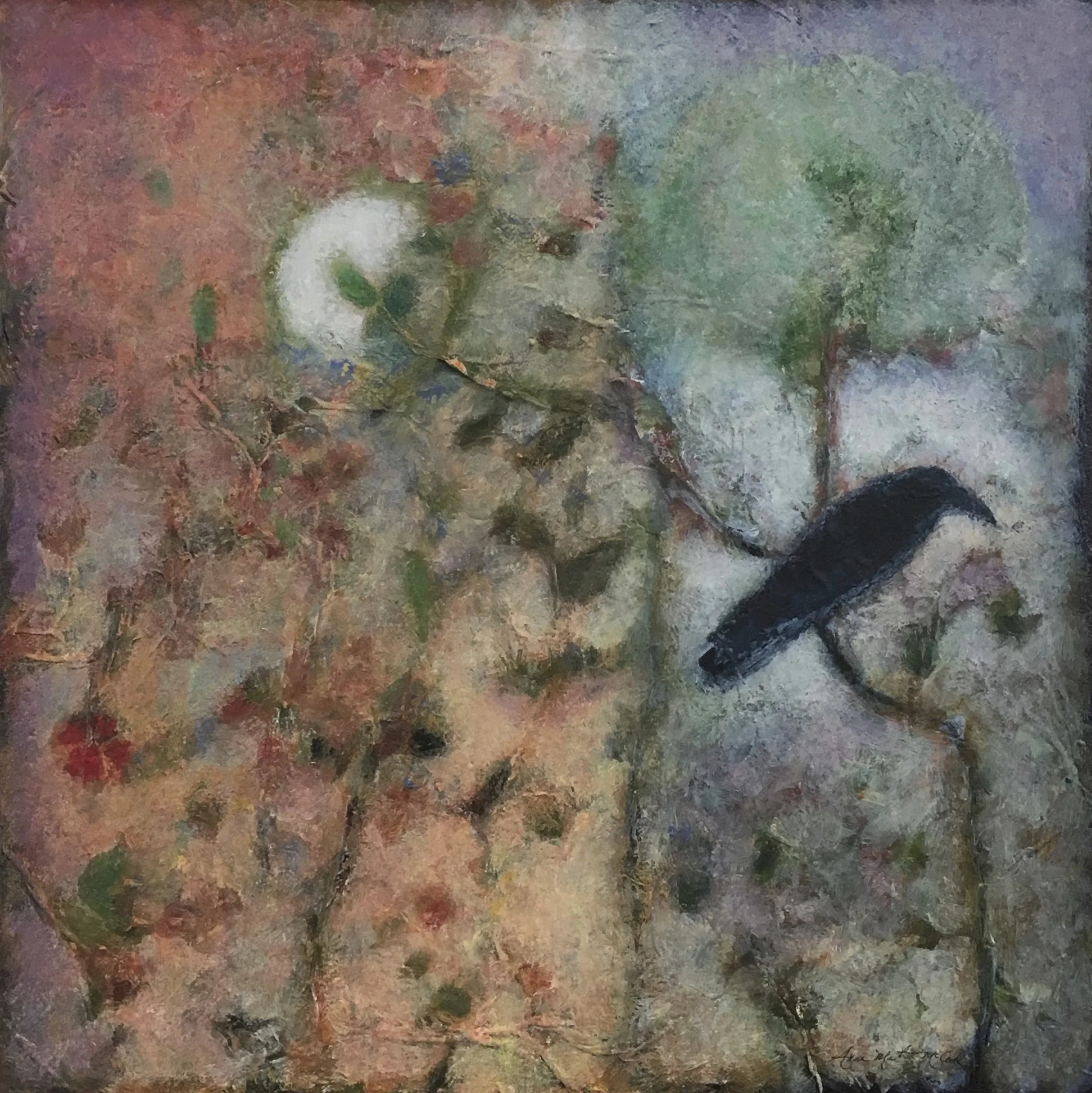 "Listener" 20x20" acrylic and Japanese paper on canvas