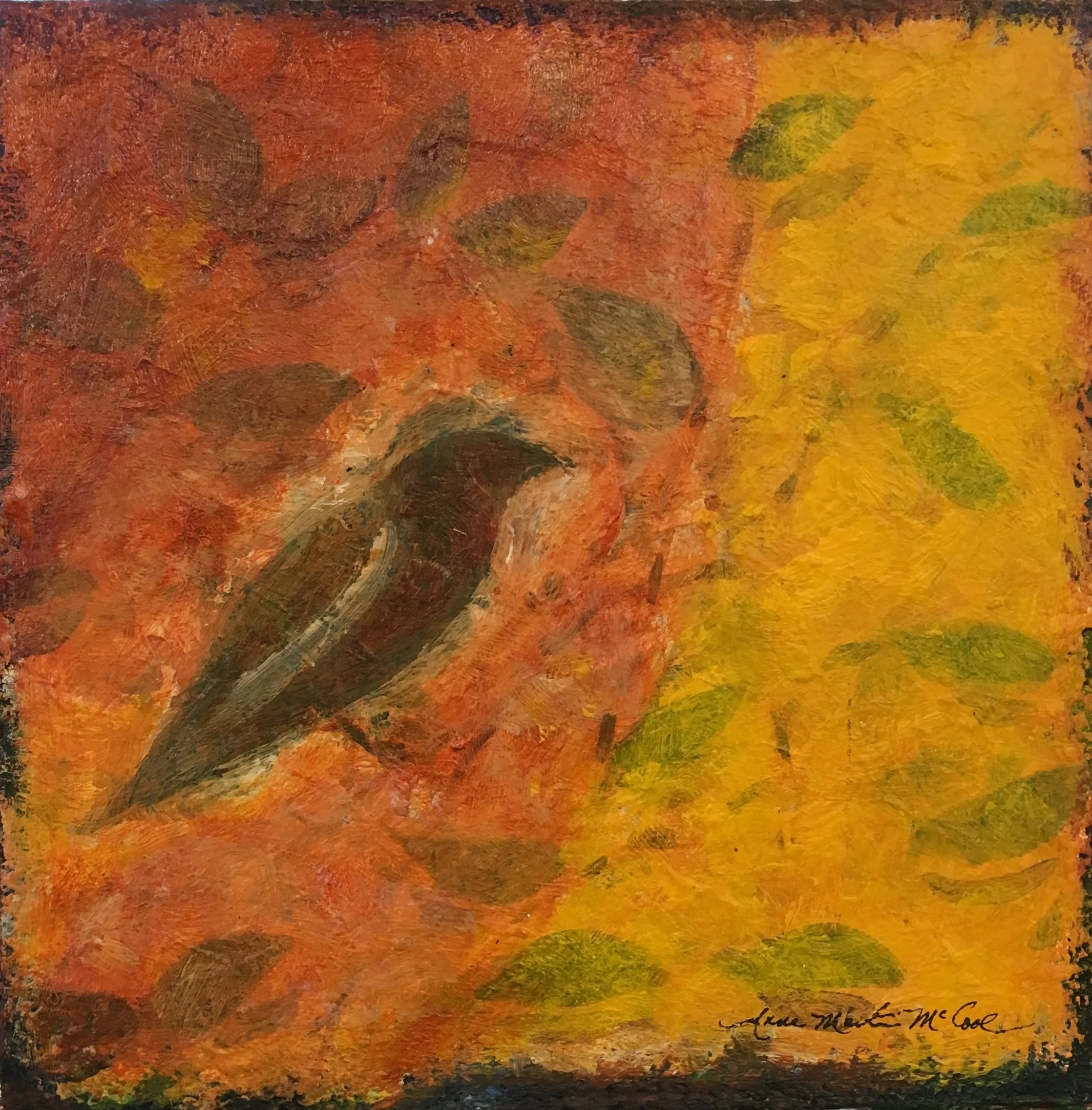 "Visitor" 8x8" acrylic and Japanese paper on wood panel