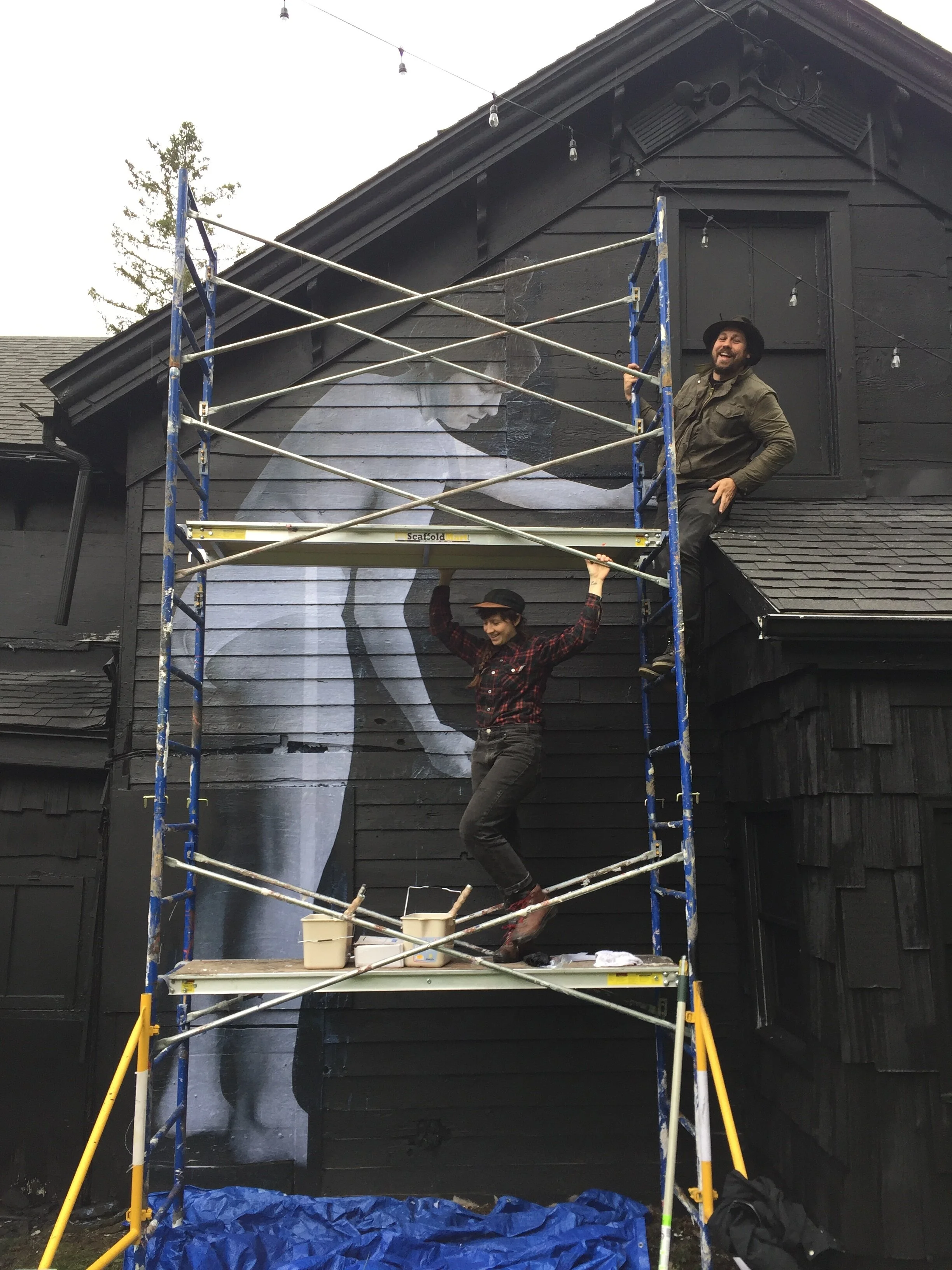  Process shot of using scaffolding to install this work.   Photo courtesy of LeAnna Click  