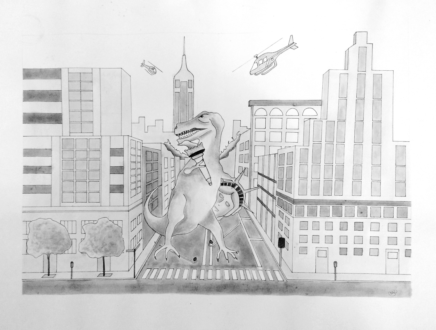 Taking a Bite out of the Big Apple, Pen & Inkwash, 2012