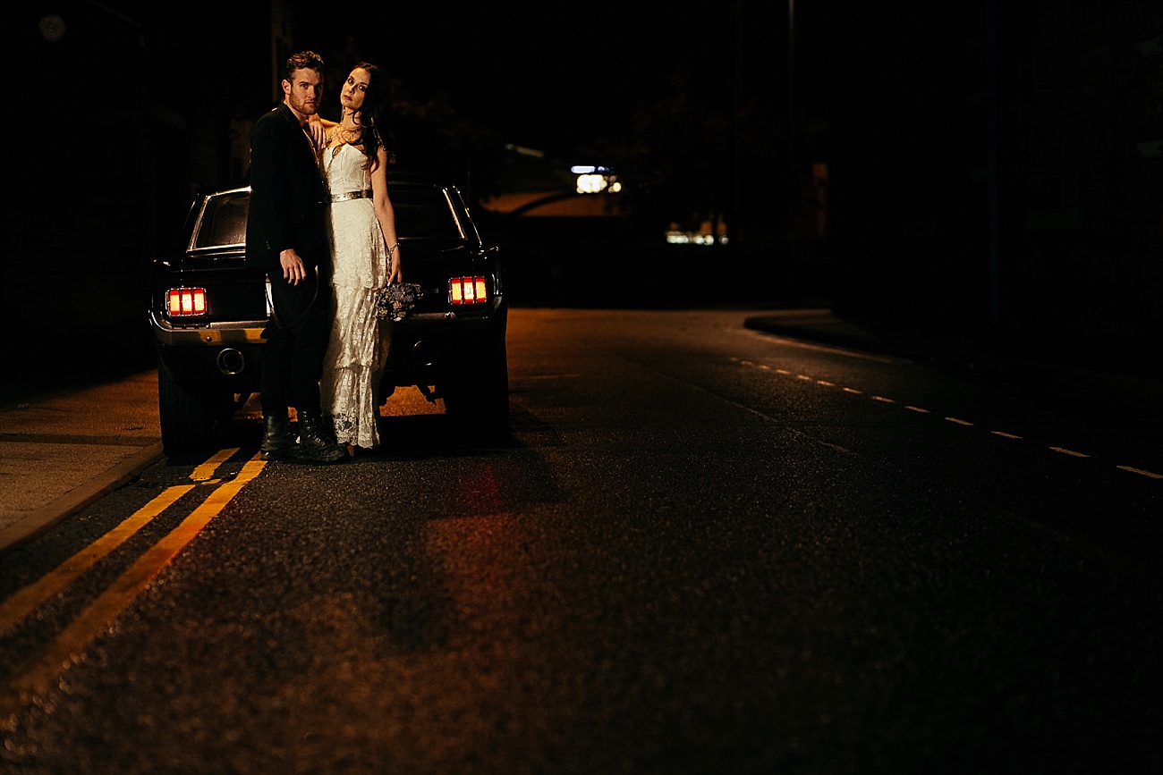 night time couple portrait urban wedding photos