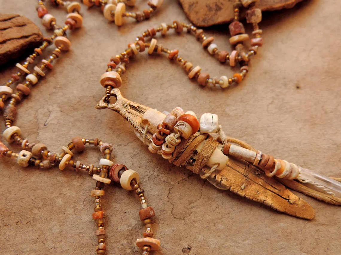 Ancestral fetish necklace with Pre-Columbian shell and terracotta beads.