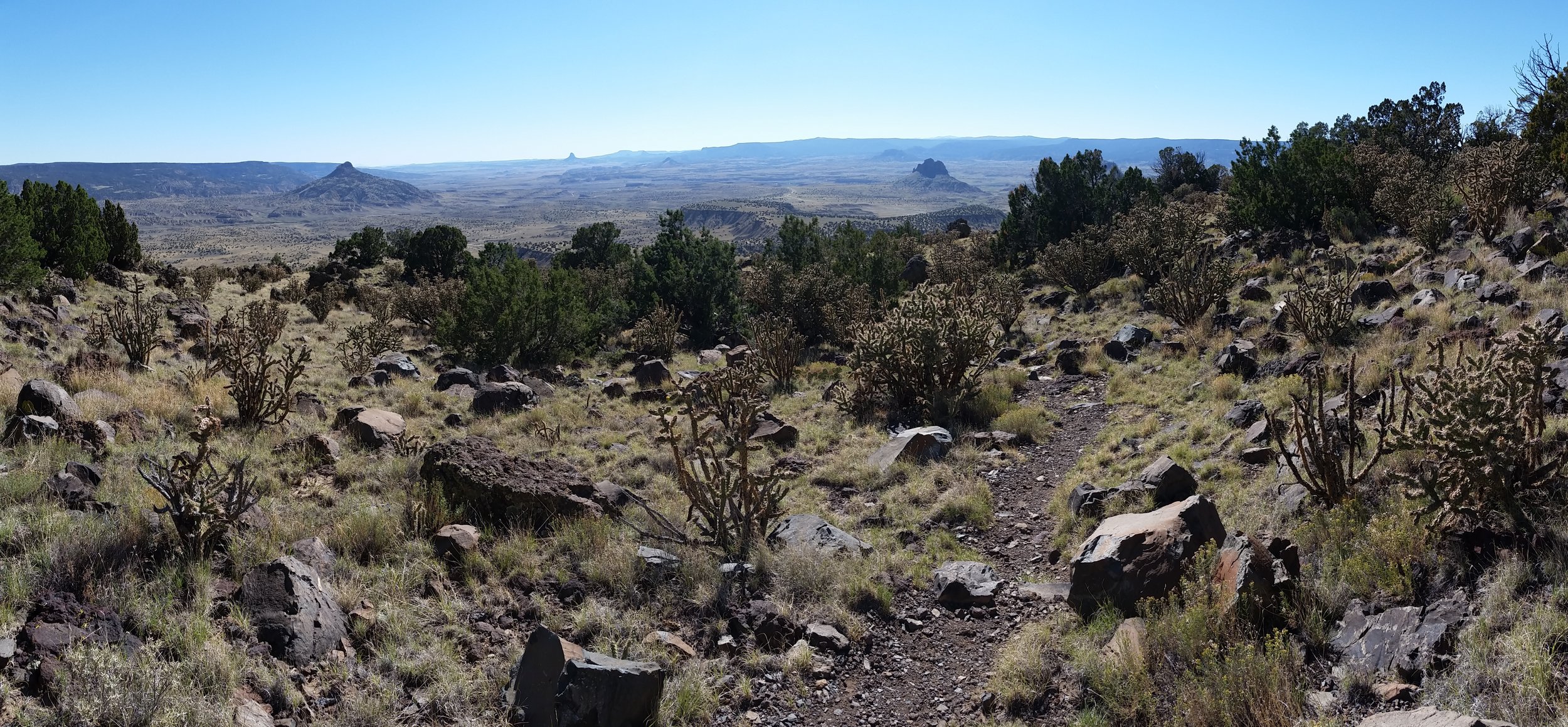  Volcanic plugs can be seen out in the blue haze of the Rio Puerco valley.&nbsp; This is about where Max nearly stepped on the rattlesnake. 