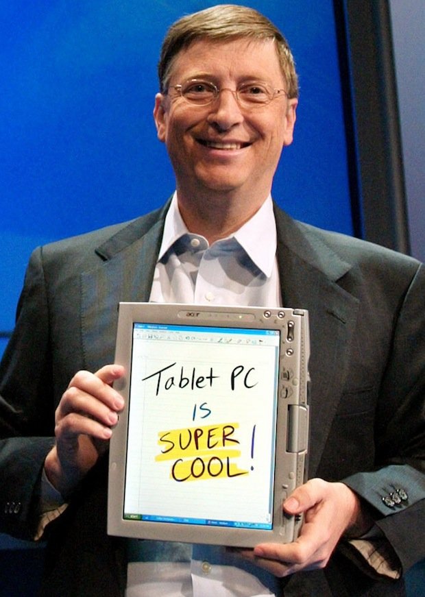Bill Gates with the second Microsoft Tablet PC model in 2002. Image from www.businessinsider.com