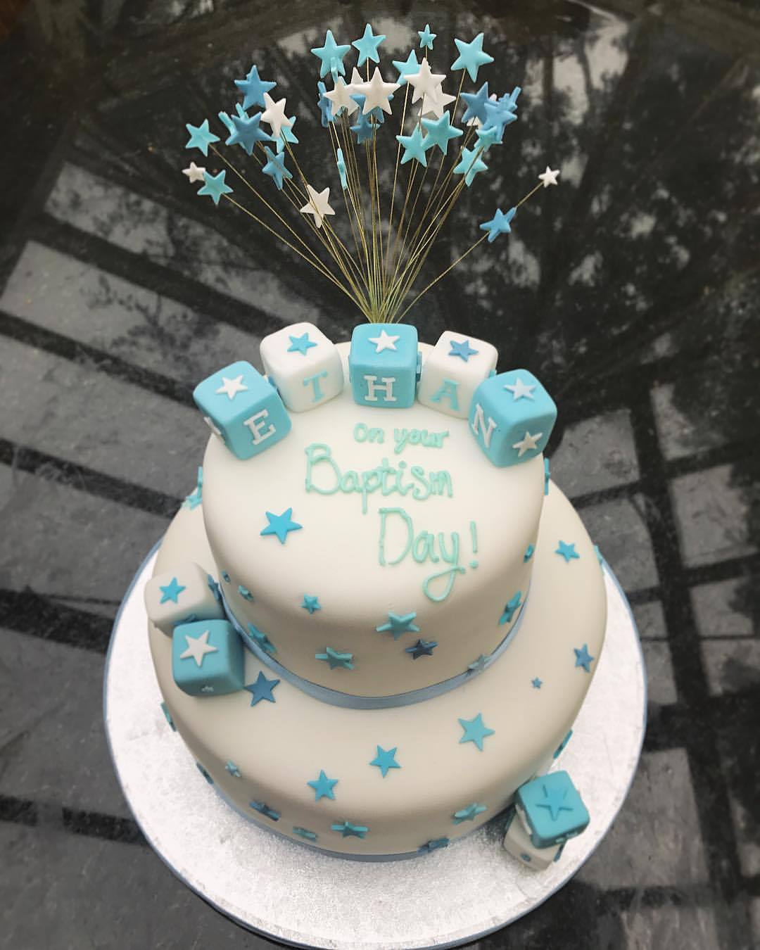 Baptism Cake With Letter Blocks & Starburst.