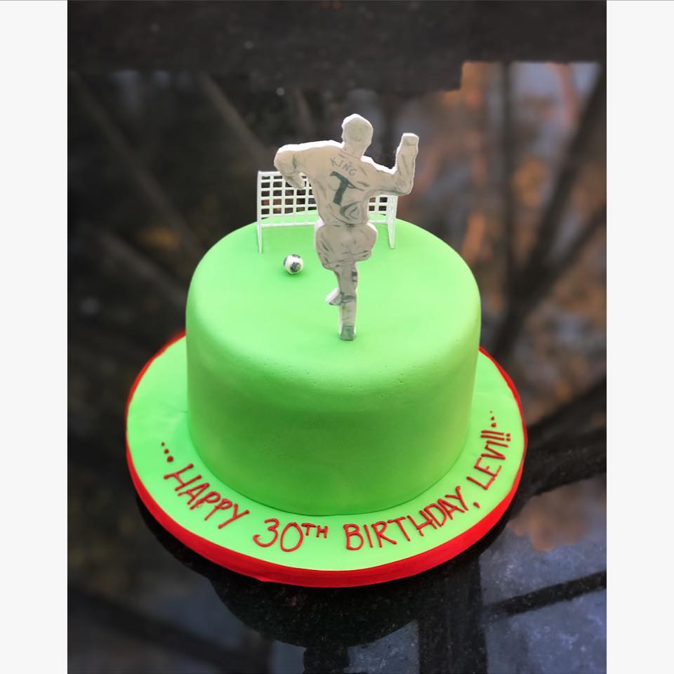 Personalised footballer figure cake (rainbow inside)