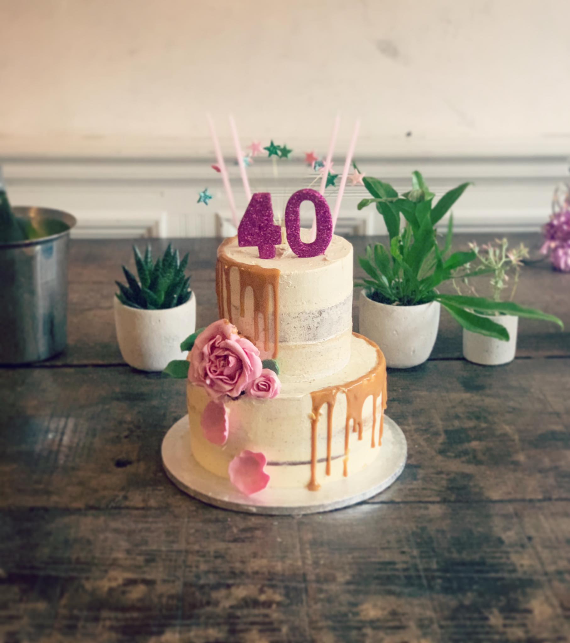 2 tier chocolate, vanilla, &amp; salted caramel drip cake