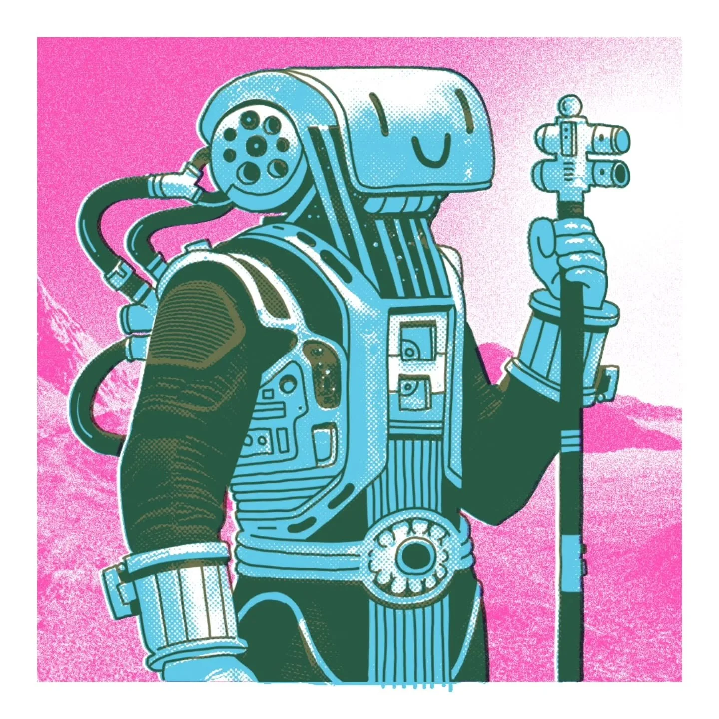 A wandering monk on a far away planet. 

#illustration #riso #scifi #characterdesign #smile