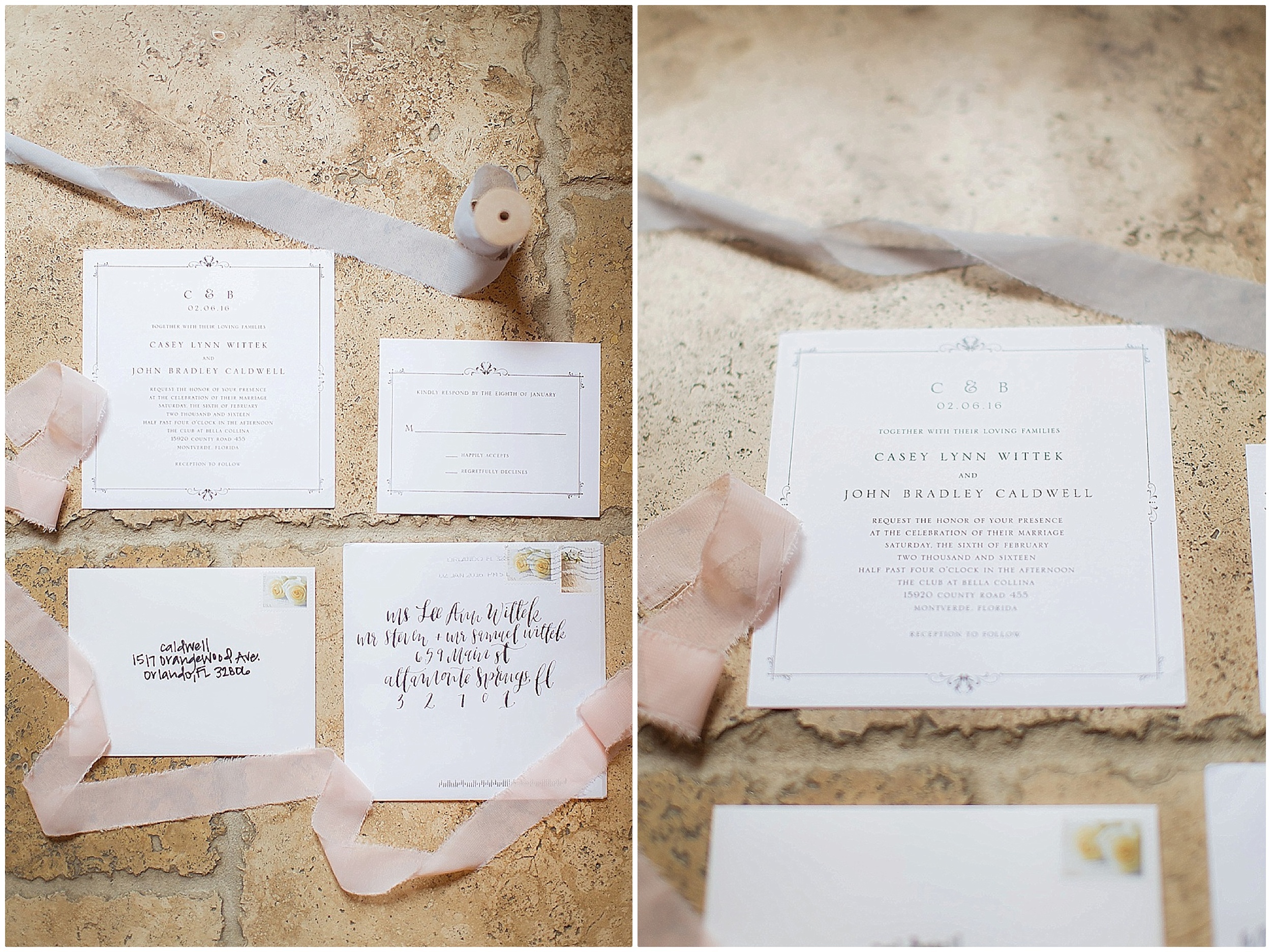 Invitation suite with pink and grey ribbon 