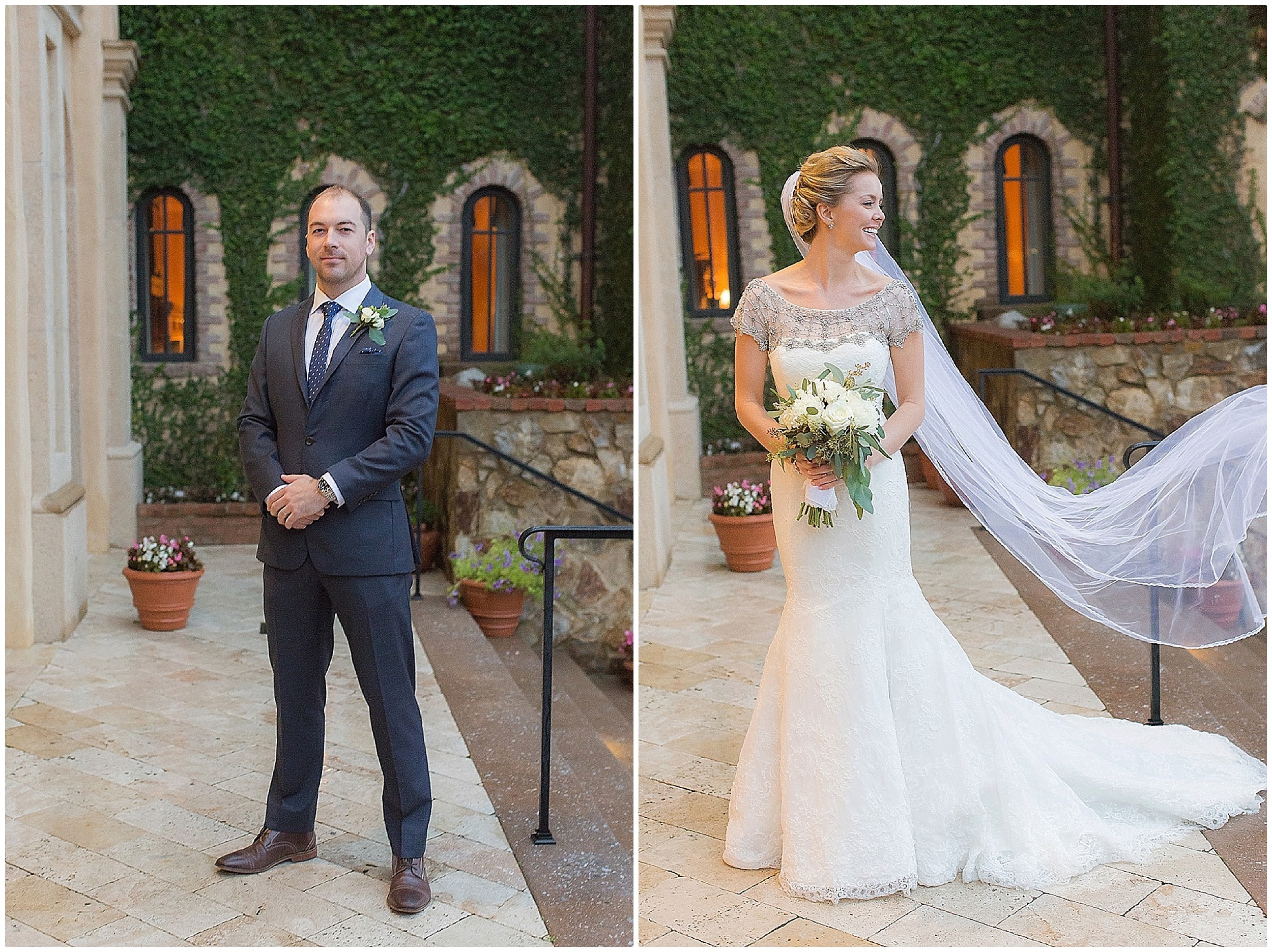 Bride and Groom in front of ivy wall at Bella Collina 
