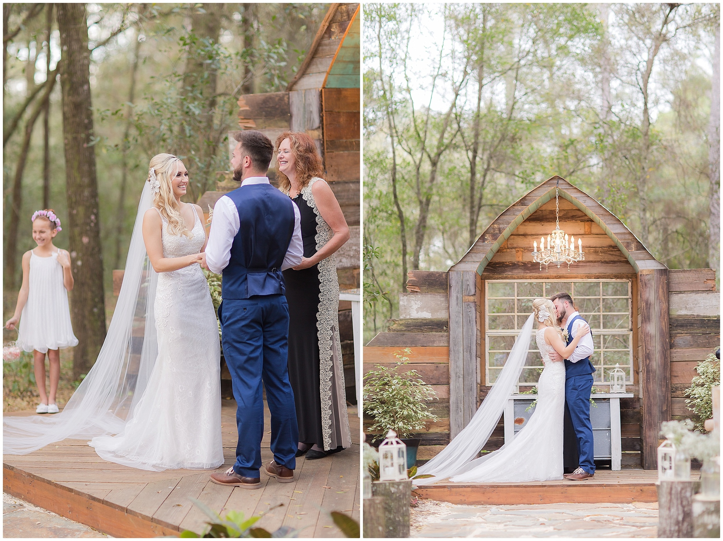 Lace Wedding dress and Blue Suit Vest in a Rustic Wedding Ceremony