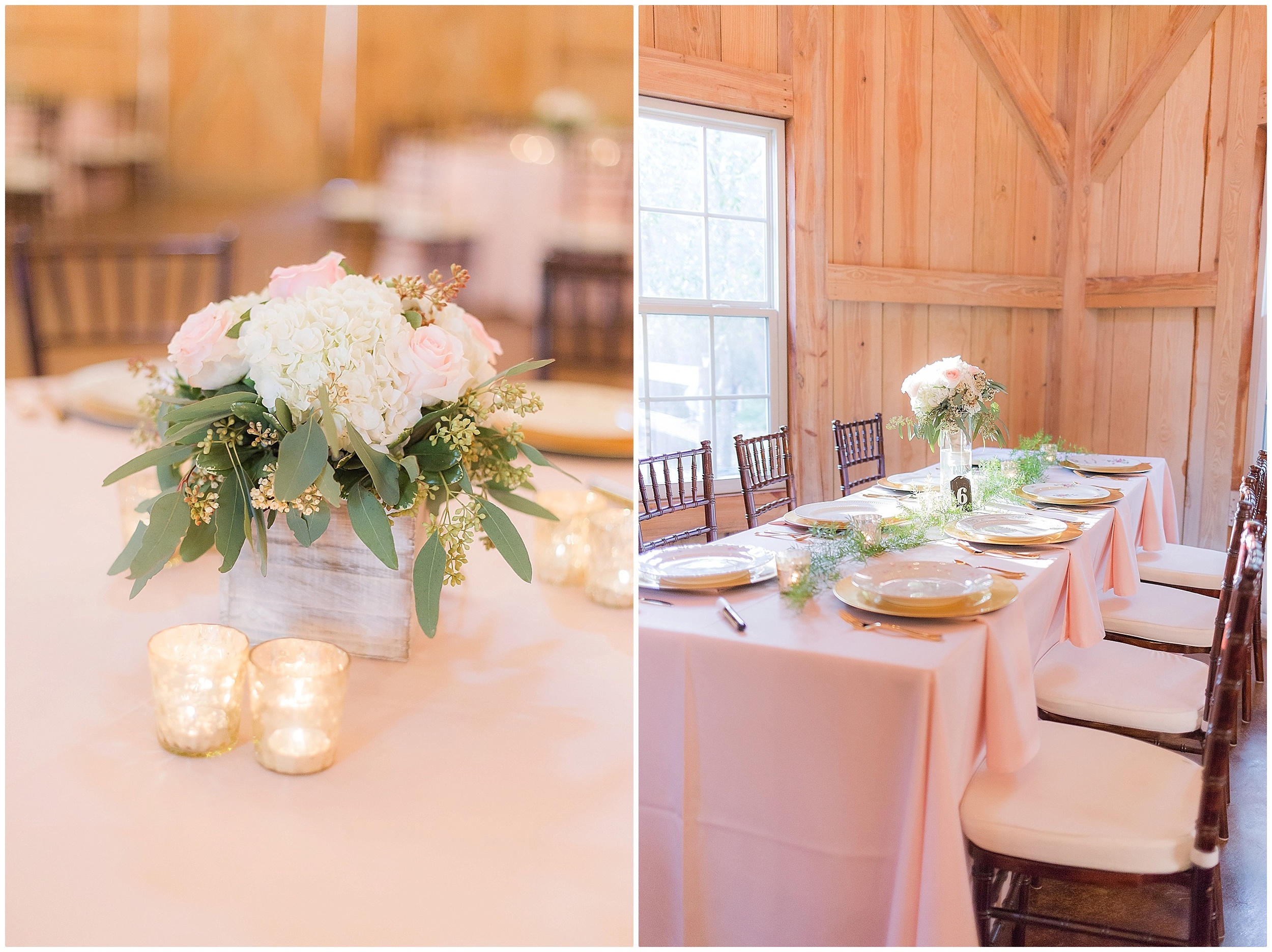 Rustic Barn Wedding with Blush Color Palette - Table Decor with flowers and candles 