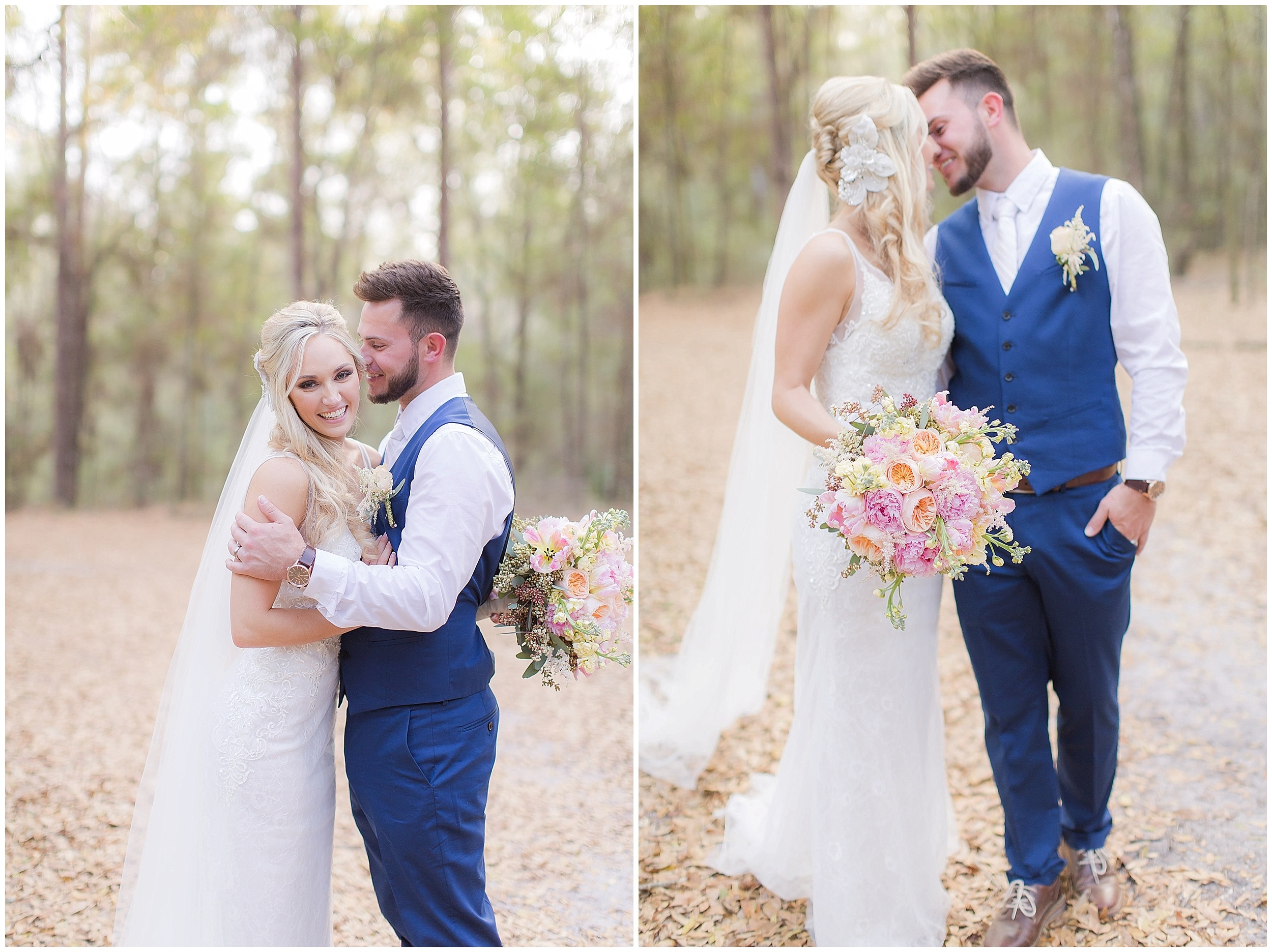 Bride and Groom after Rustic Wedding - Blue Suit Vest and Pink Flowers 