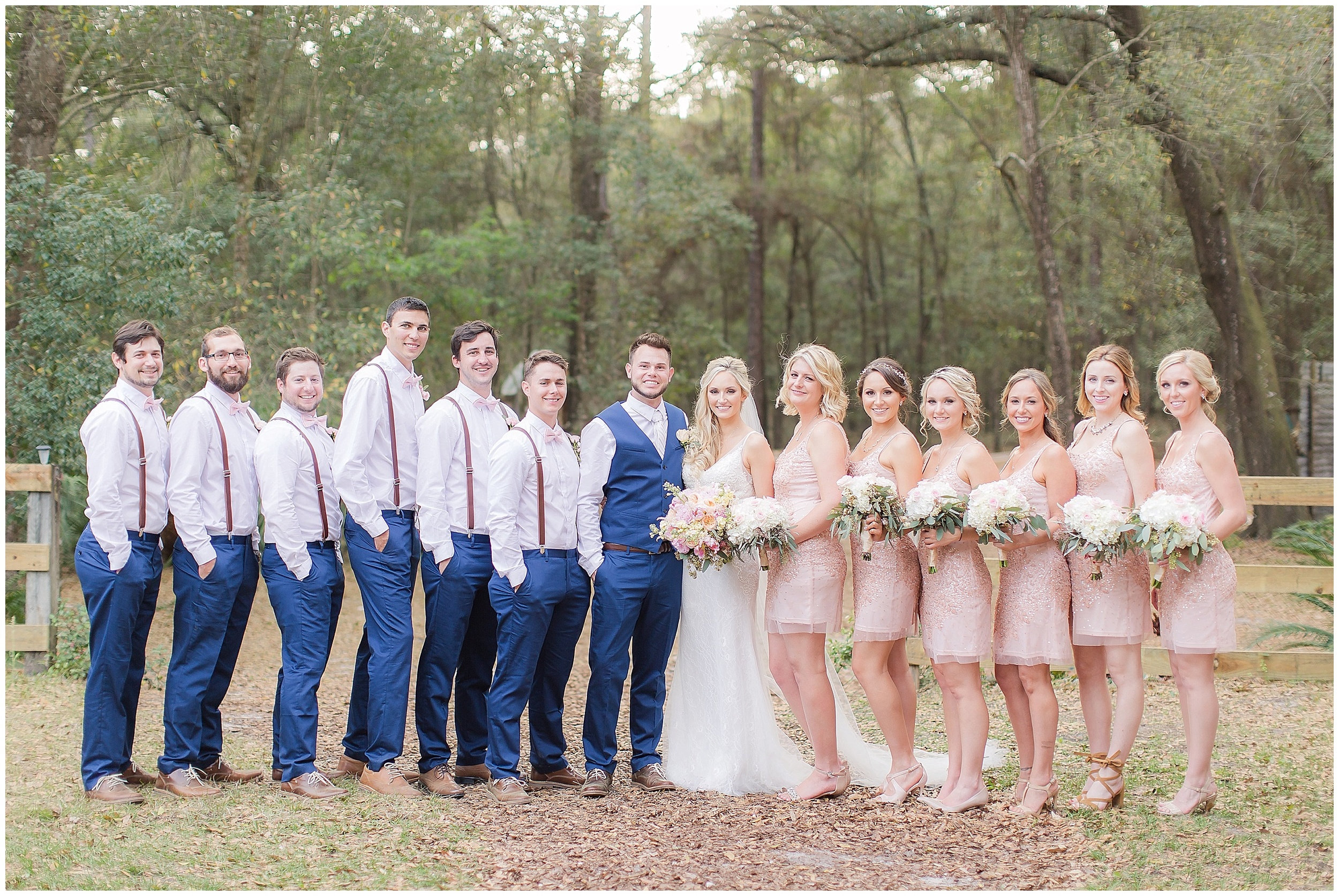 Bridal Party in Blush Dresses and Groomsman in Blue Suit Vest with Suspenders - Outside Wedding Photography 