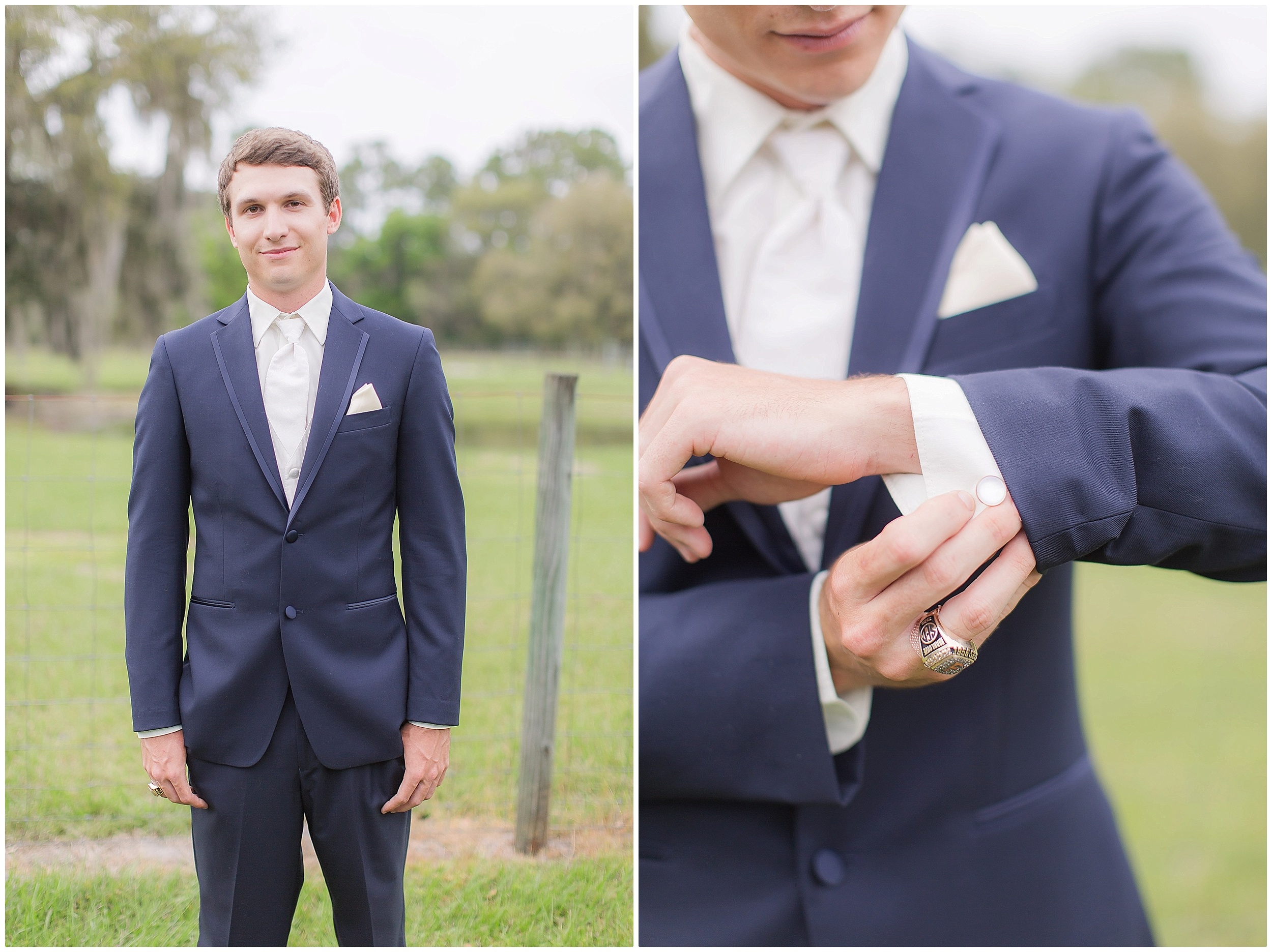 Groom Before the Ceremony in a Blue Suit and White Pocket Square. 