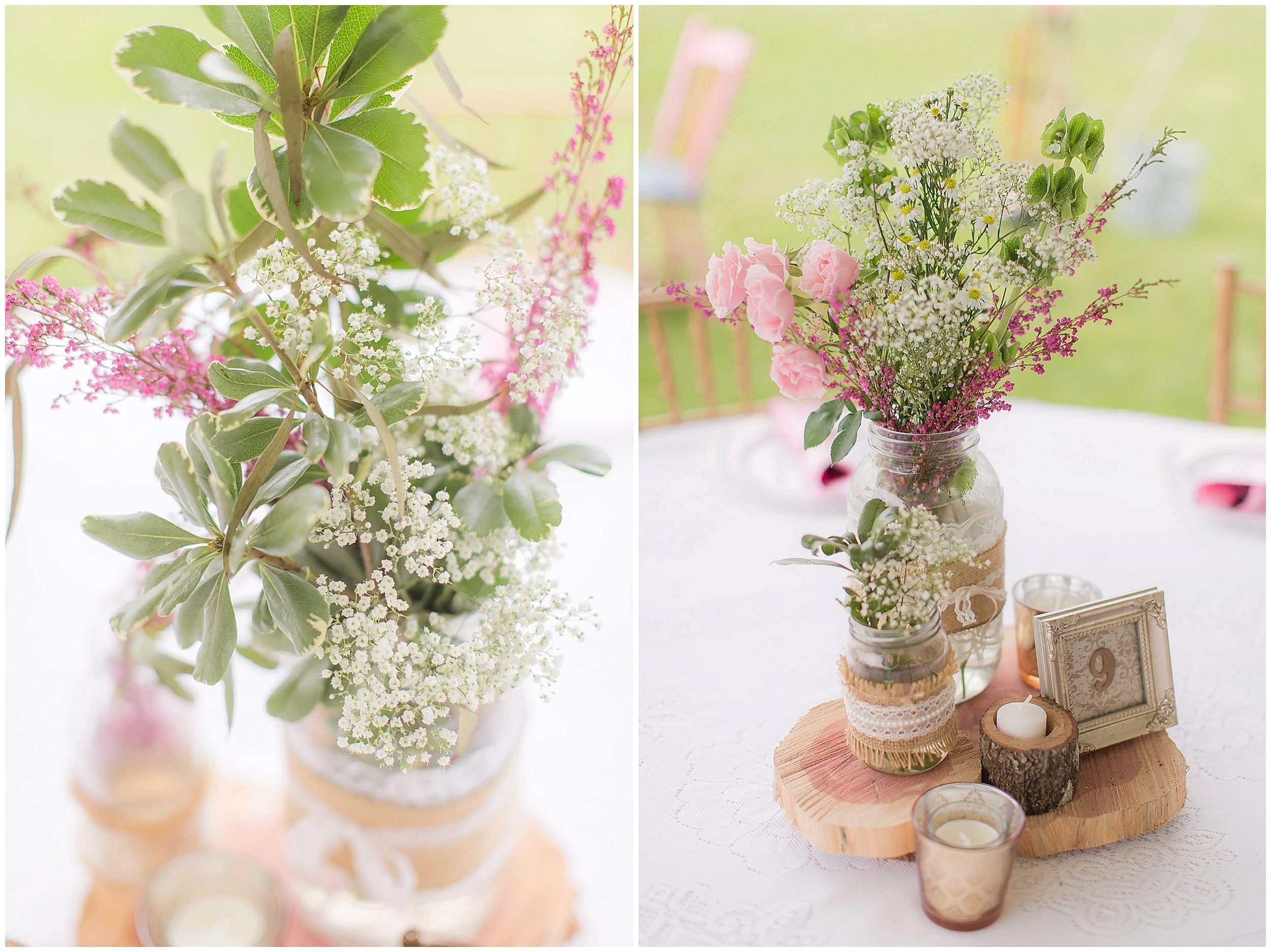 Elegant Centerpieces made with Natural Woods and Lace Accents. 