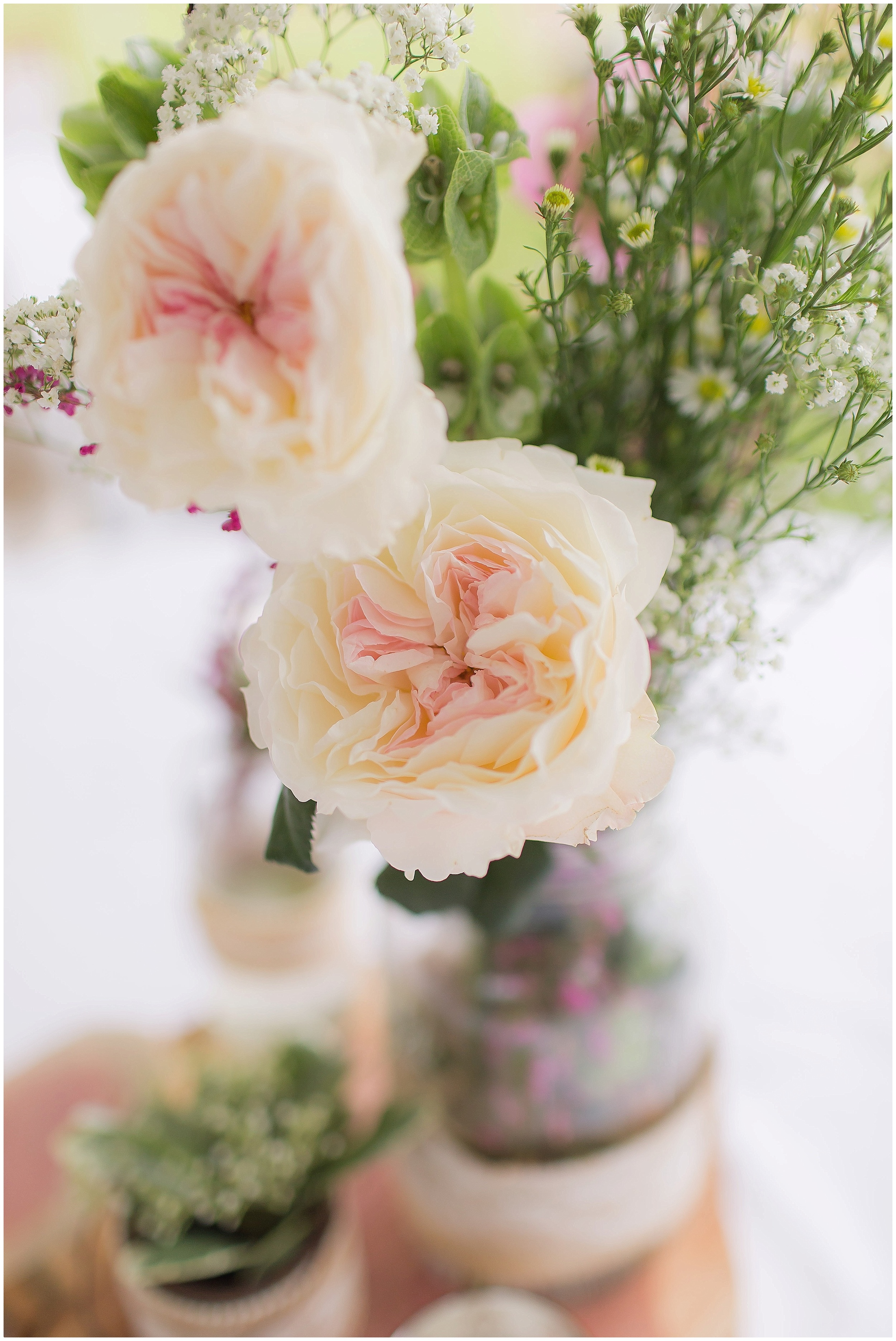Centerpieces with David Austin Roses and Lace Accents. 