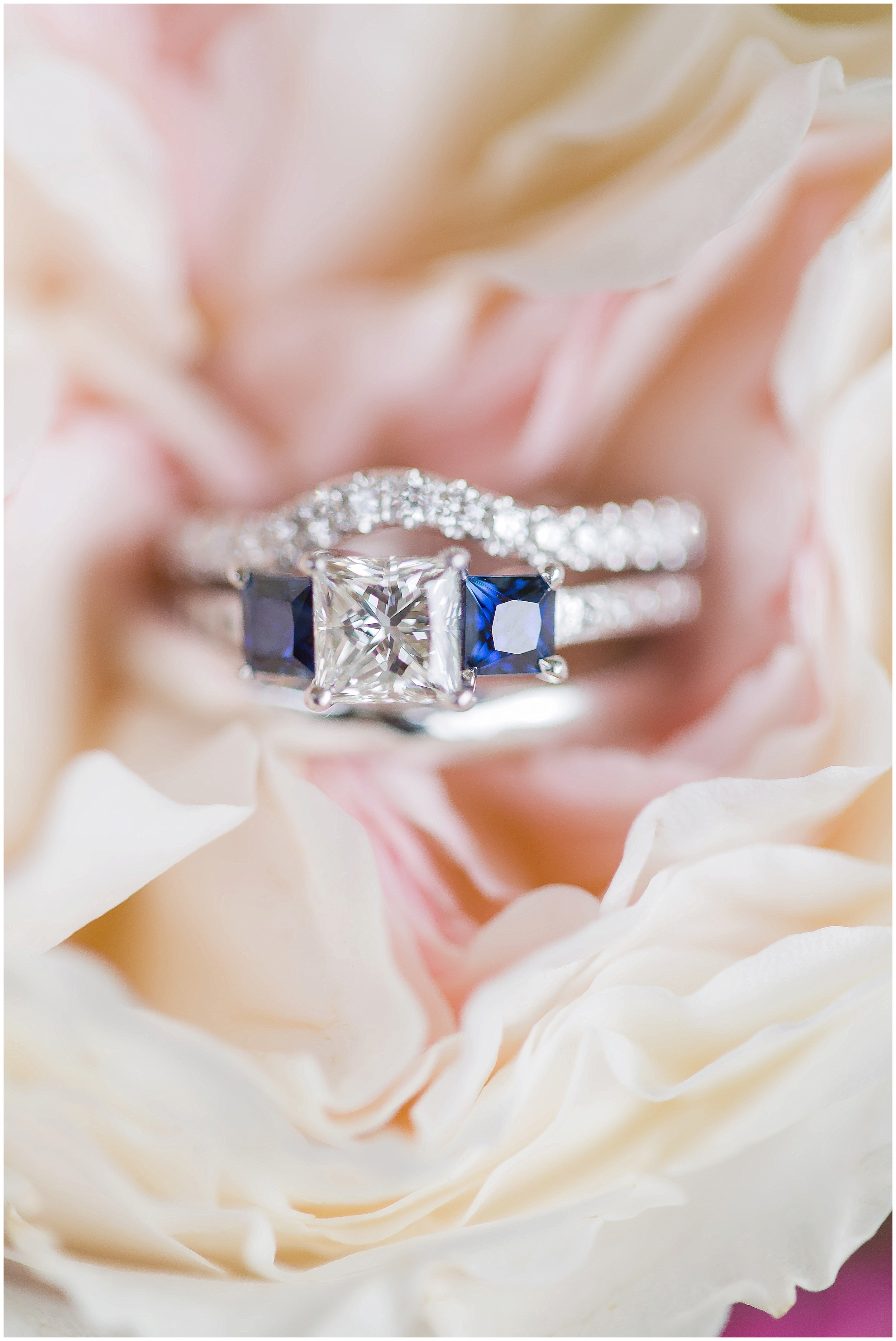 Sapphire Engagement Ring and Wedding Band in David Austin Roses - Romantic Vintage Affair Wedding. 