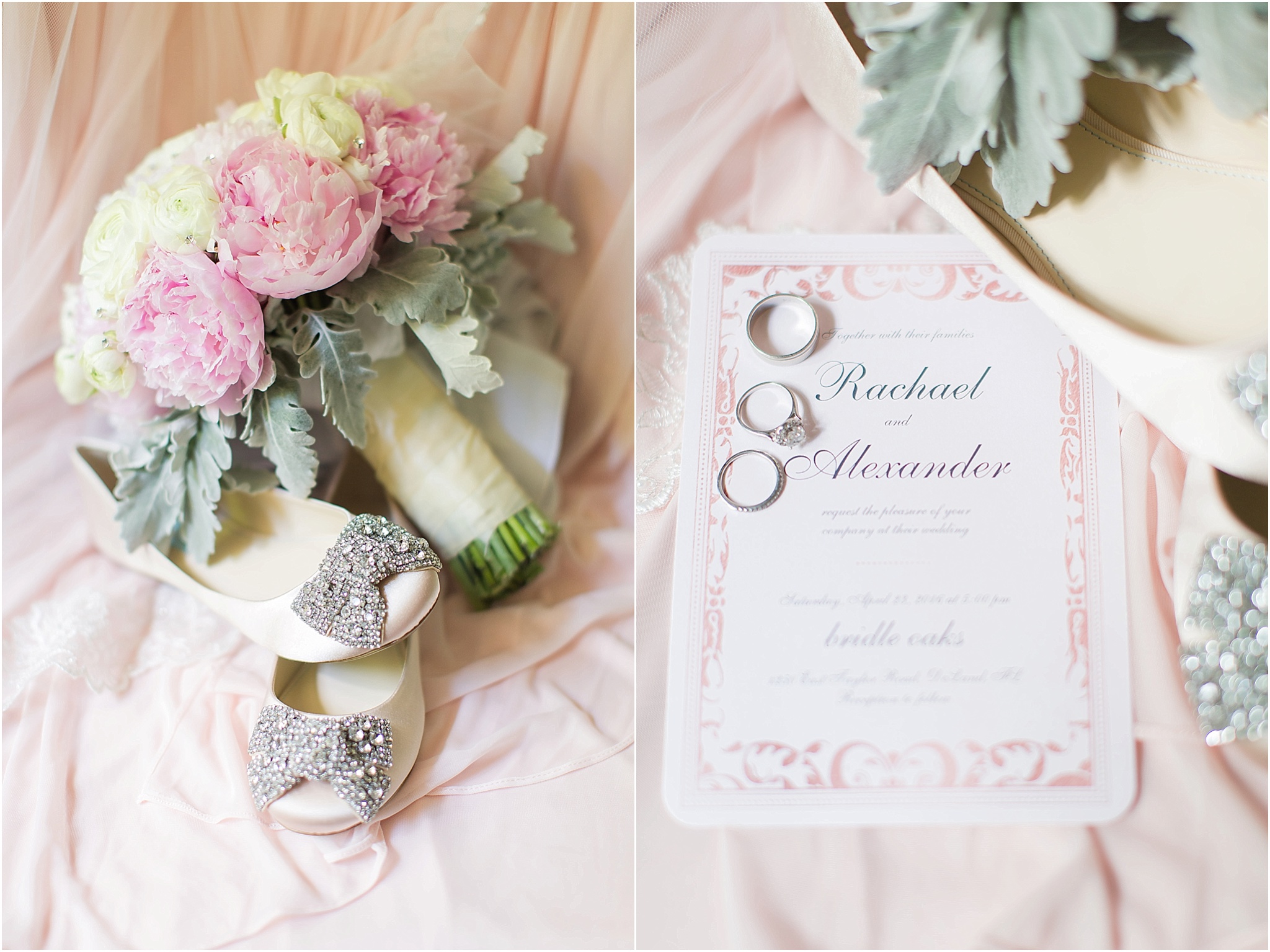 Blush wedding details of bridal shoes, peony bouquet and invitation