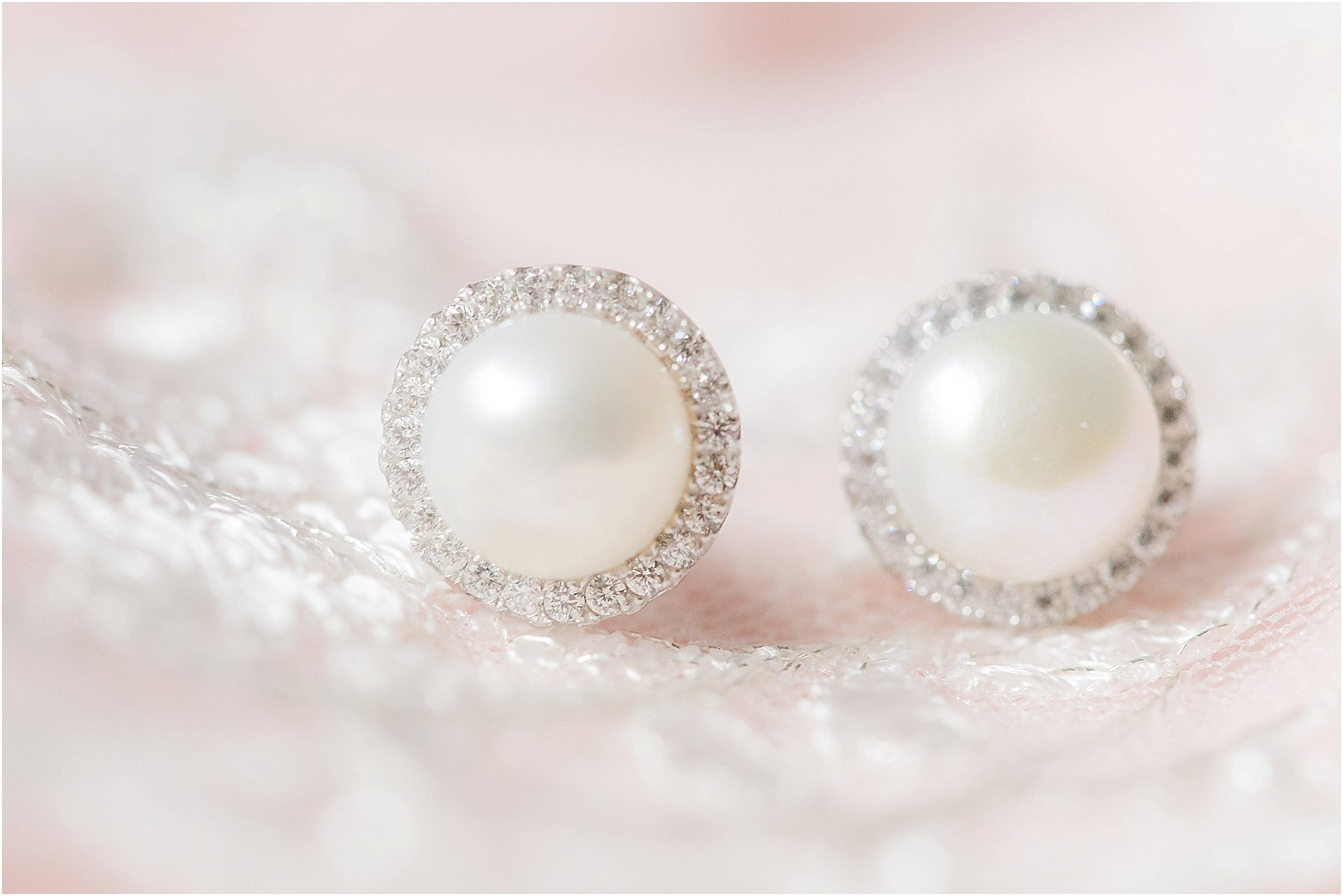 Blush rustic wedding pearl earrings on lace 