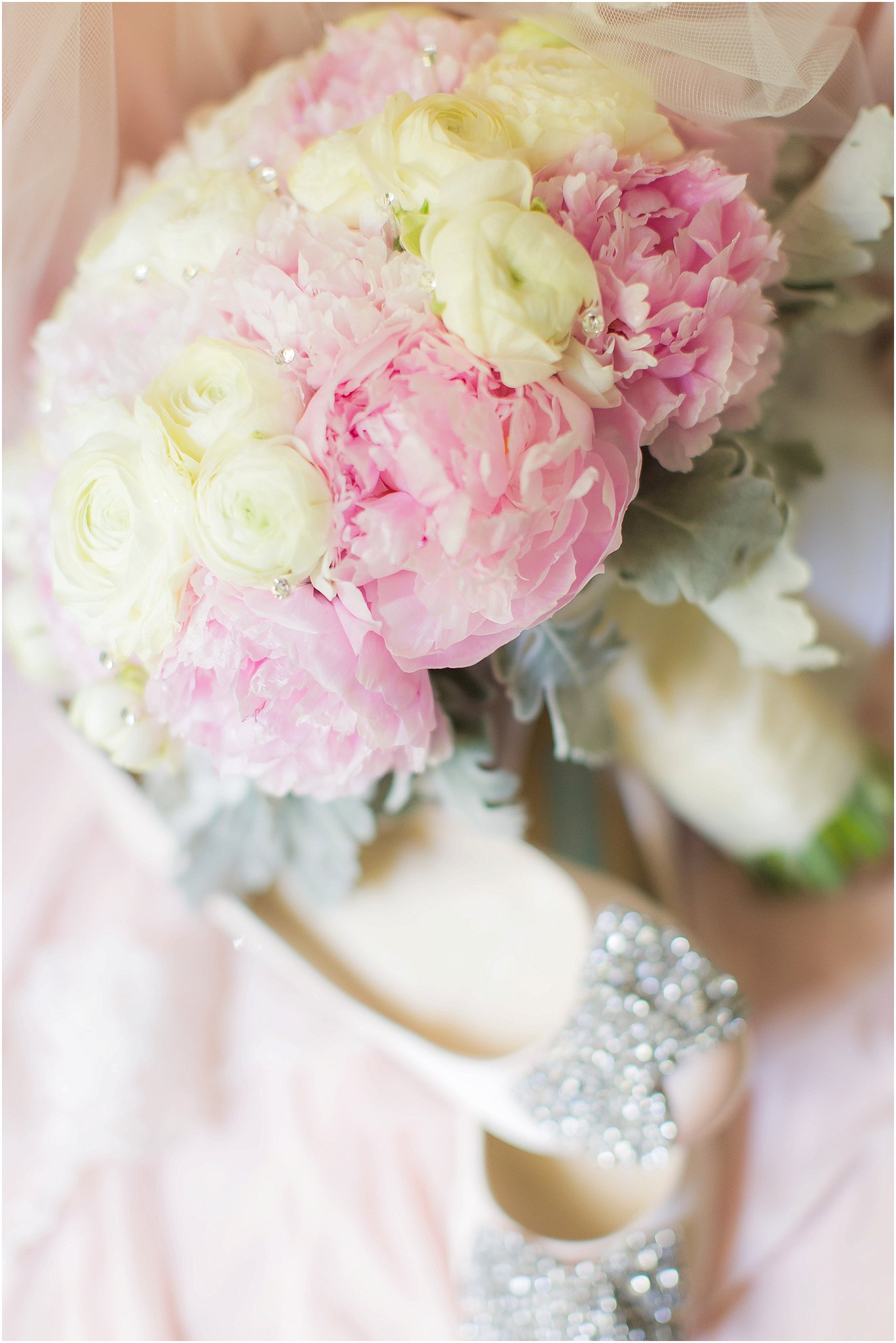 Romantic blush details of peony bouquet and bridal flats