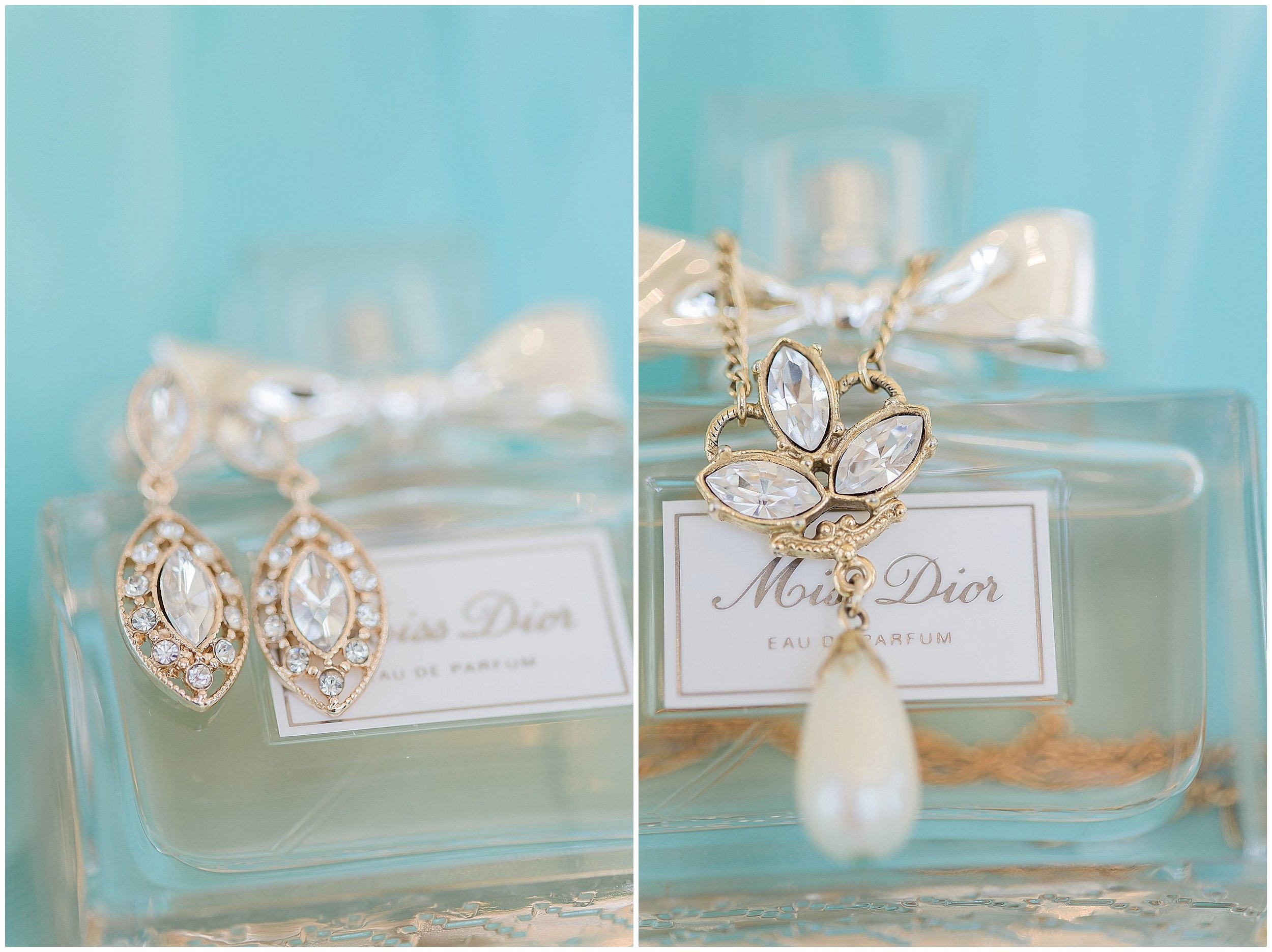 Tiffany Blue Wedding Details, drop earring s and pearl necklace with three stones