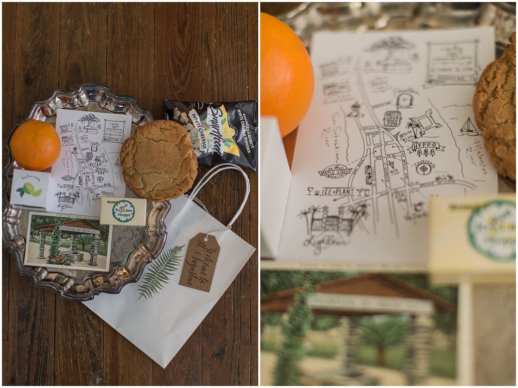 Welcome Bag for Destination St Augustine Wedding with Oranges and Key Lime and a Hand Drawn Map   