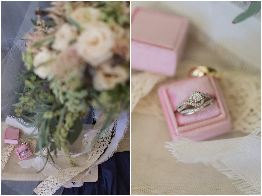 Mauve colored roses in bridal bouquet with roses and astilbes and pink velvet ring box
