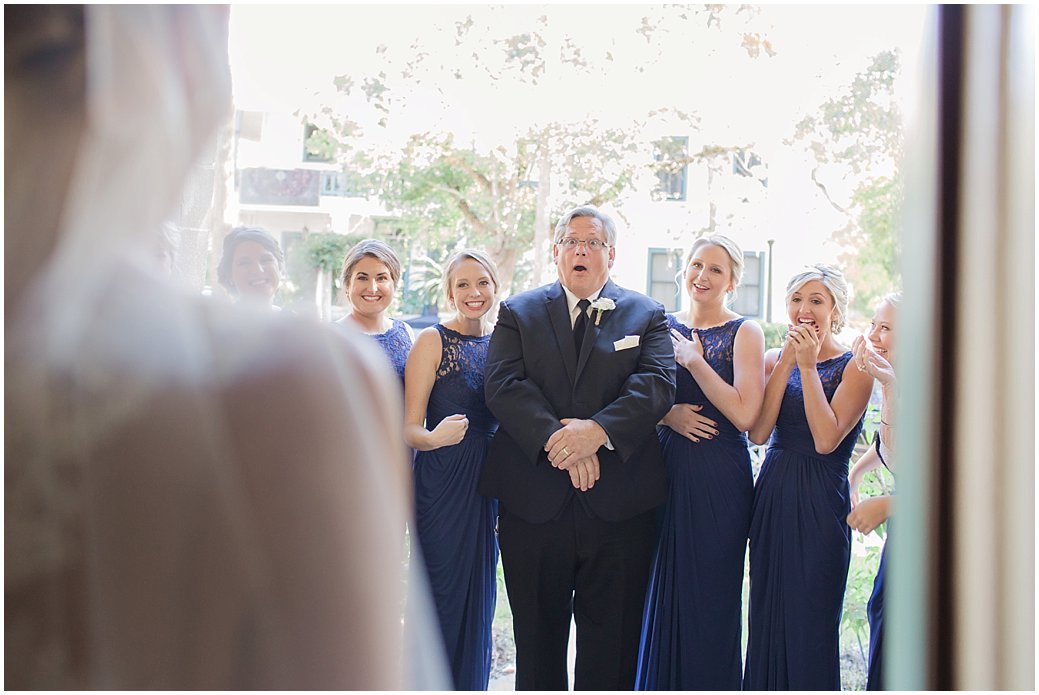 First Look of Bride by her Bridesmaids and Dad 