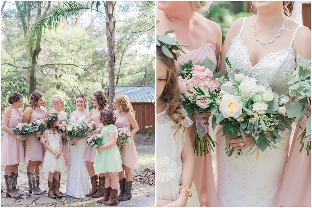Blush Wedding with Pink Garden Roses in Bridesmaids Bouquets 