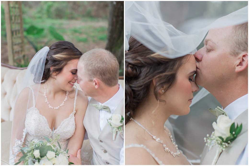Bridle Oaks Blush Wedding Bride and Groom Photoshoot with Garden Roses and Dusty Millers and Ruscus Poses Veil Kiss 